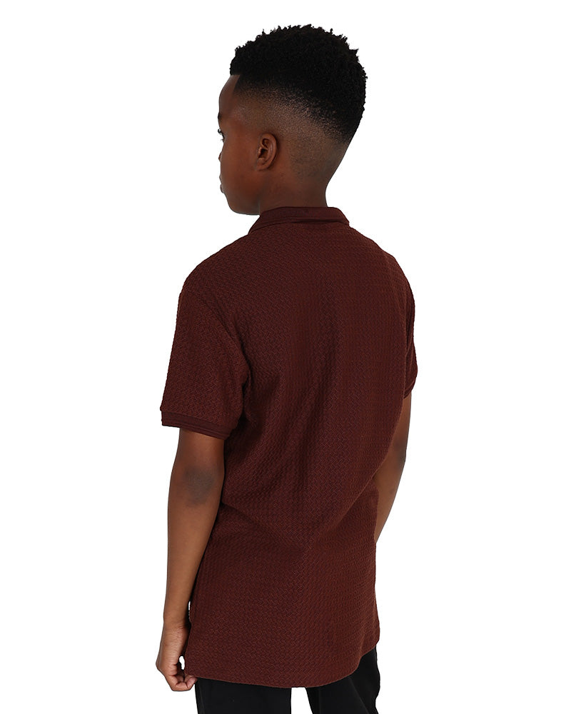 Short Sleeve Brown Zig Zag Jacquard Zip Up Golfer