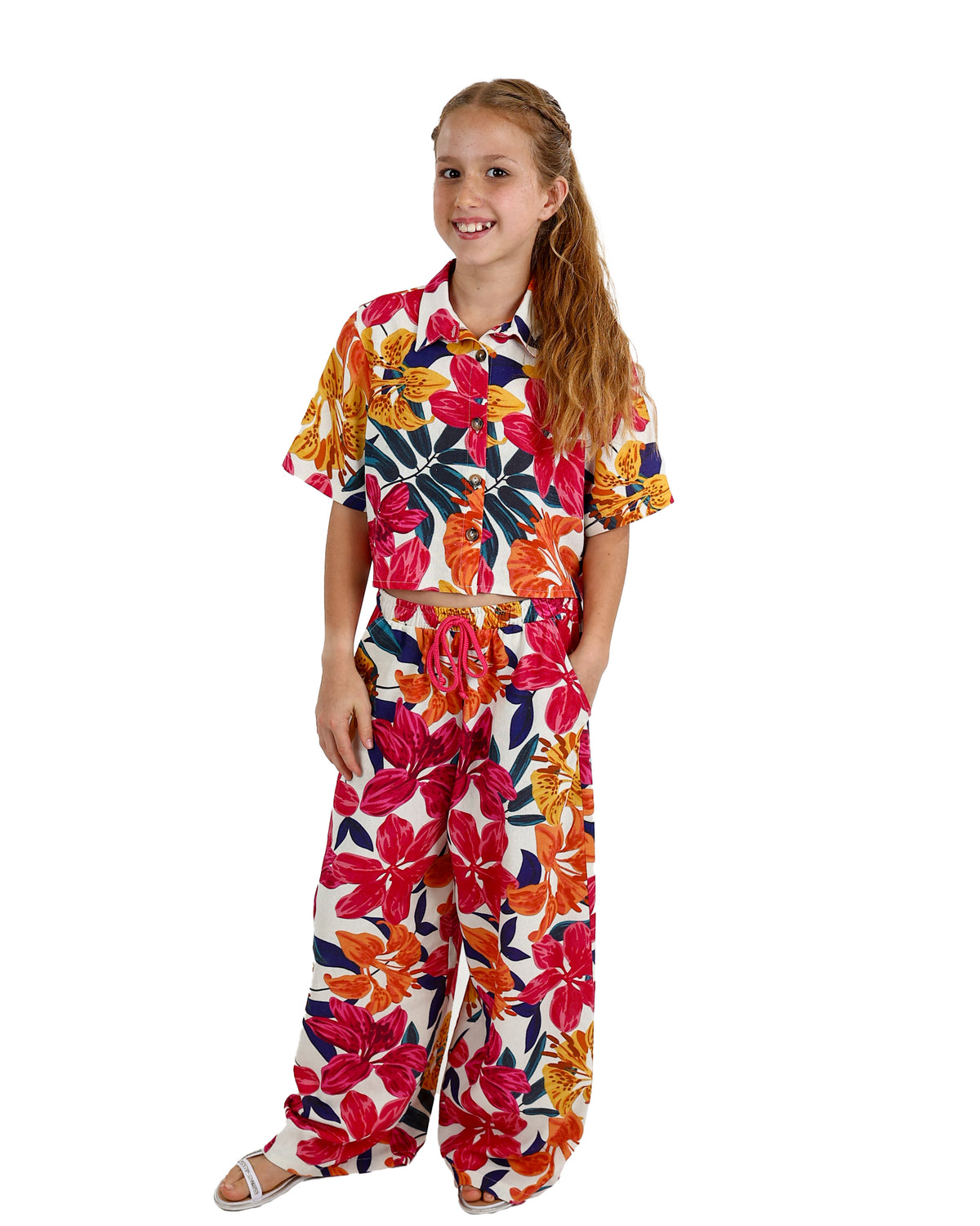 Short Sleeve Bright Floral Co-Ord Cropped Shirt