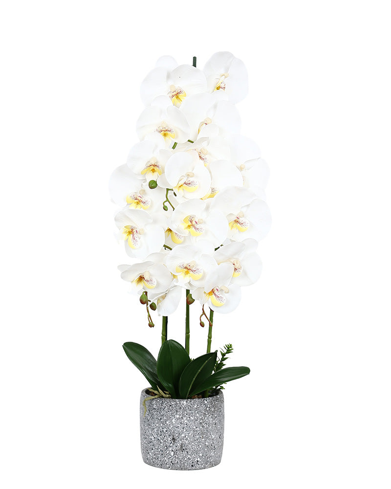 Marbled Pot White Faux Orchid 60cm