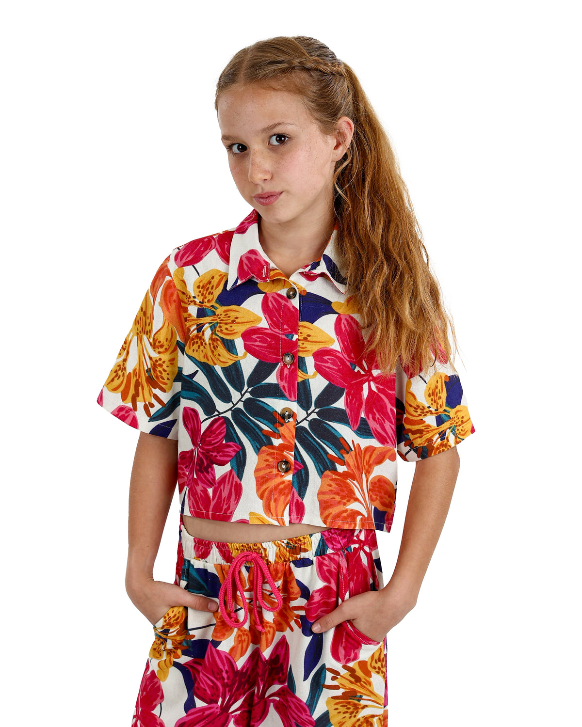 Short Sleeve Bright Floral Co-Ord Cropped Shirt