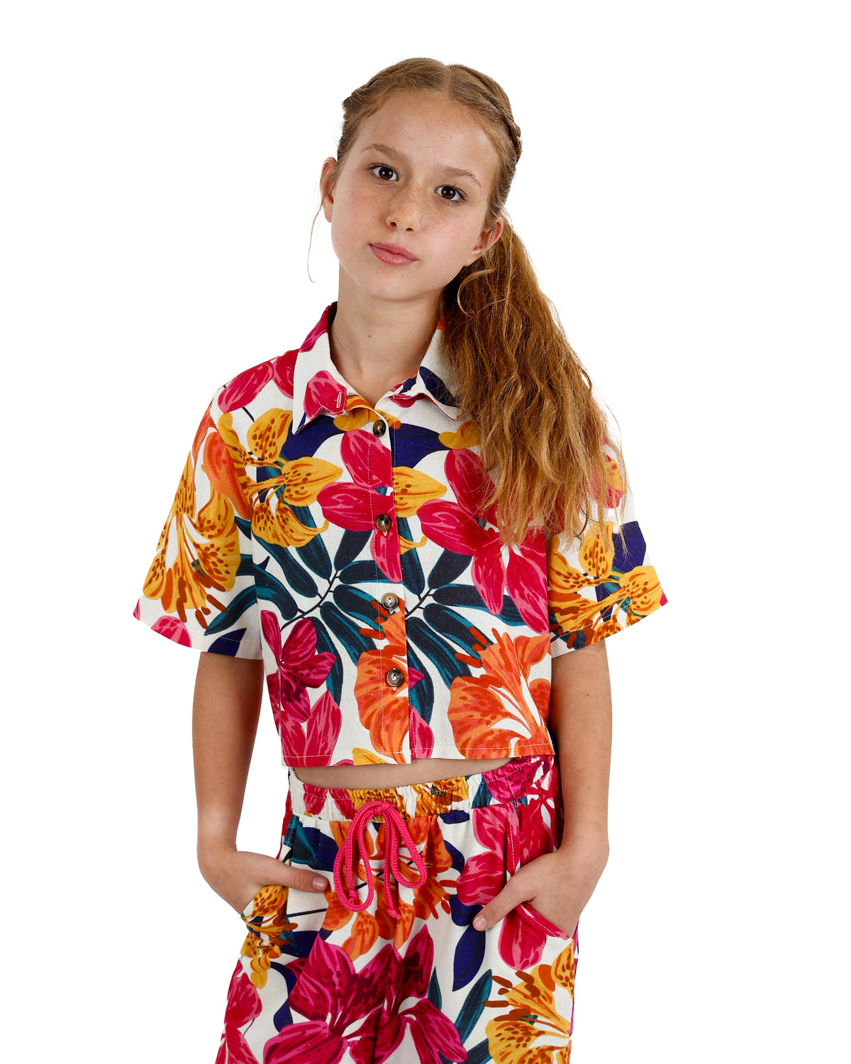 Short Sleeve Bright Floral Co-Ord Cropped Shirt