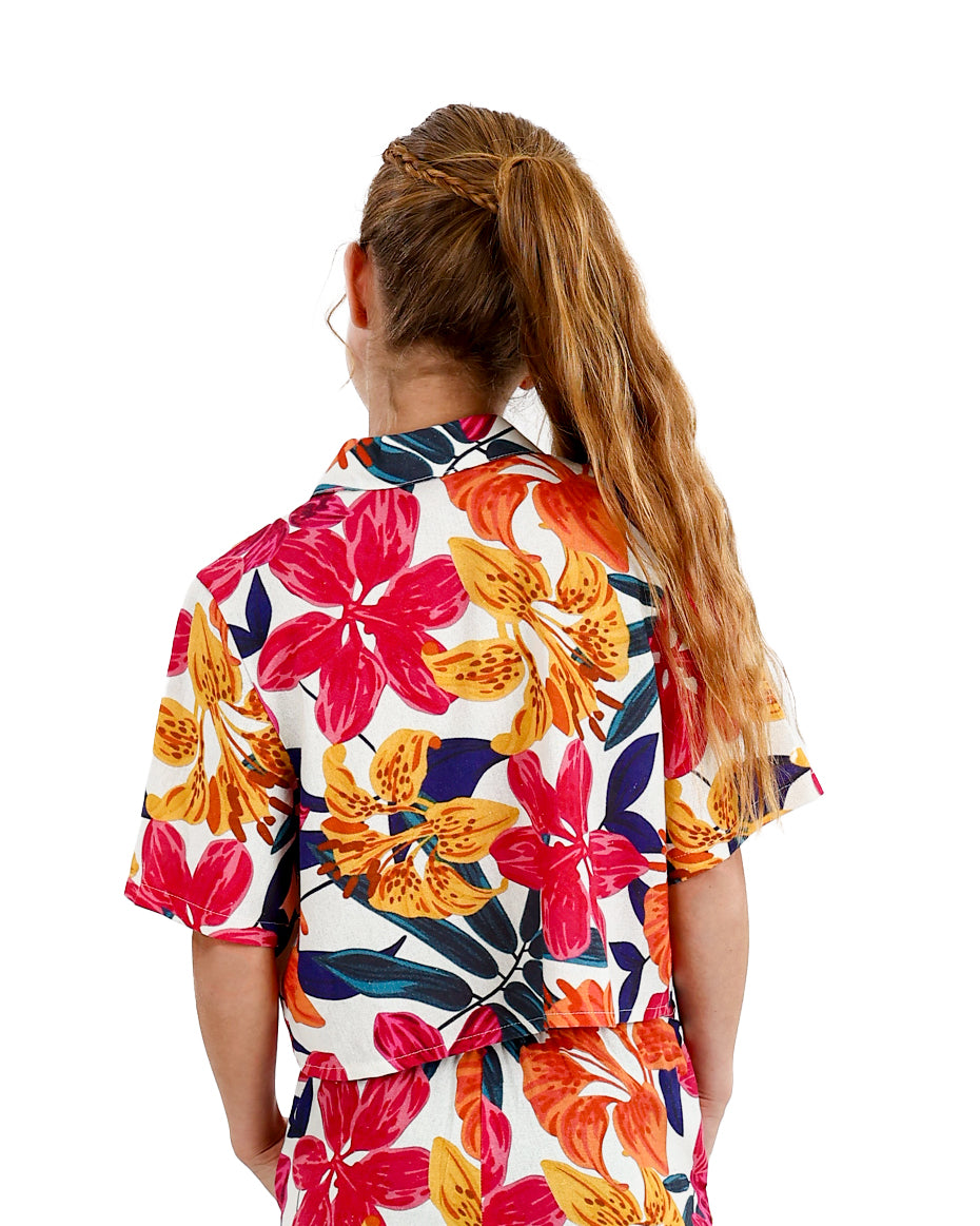 Short Sleeve Bright Floral Co-Ord Cropped Shirt