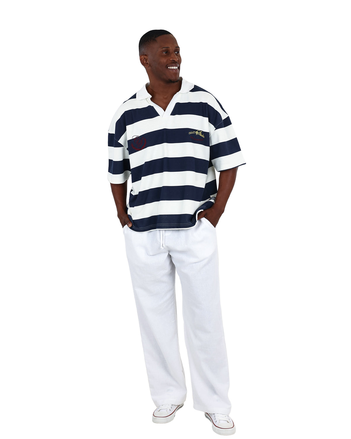 Short Sleeve Navy Stripe Boxy Johnny Collar Golfer