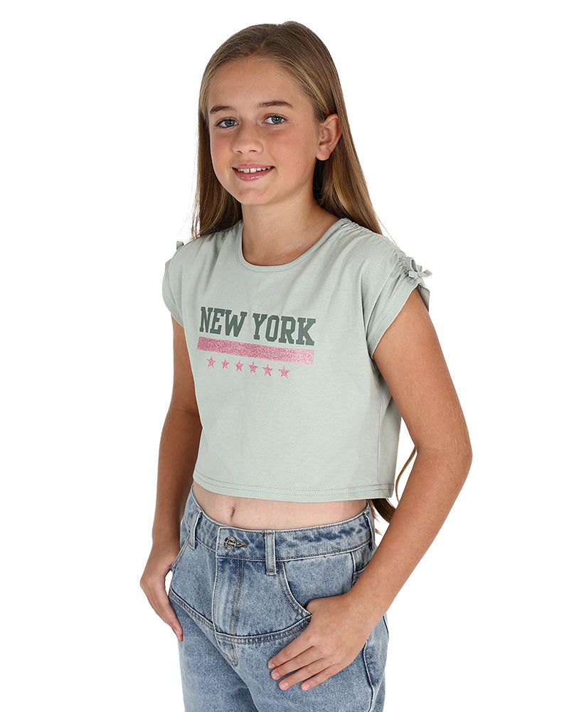 Cap Sleeve Sage New York Graphic Cropped T-Shirt