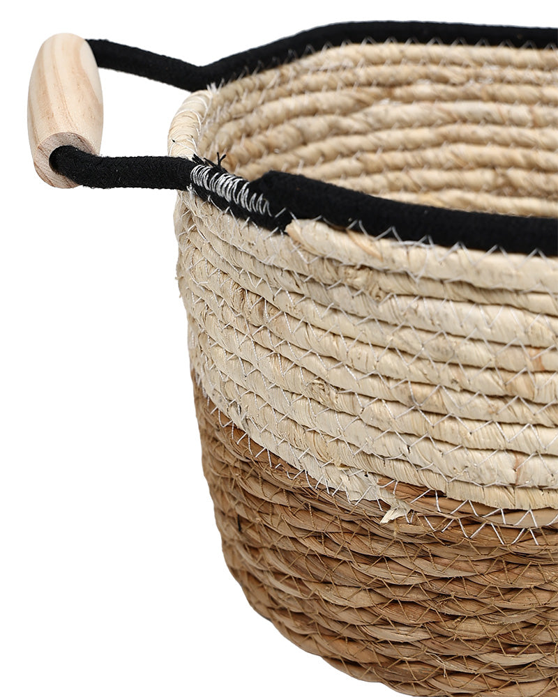 Natural Fibre Large Two Tone Wooden Handle Basket