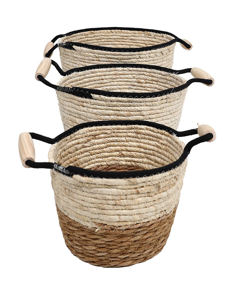 Natural Fibre Small Two Tone Wooden Handle Basket