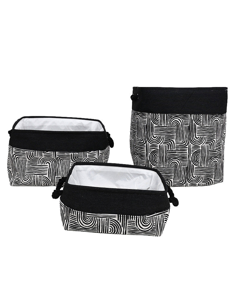 Black Geometric Foldable Cotton Canvas Storage Basket