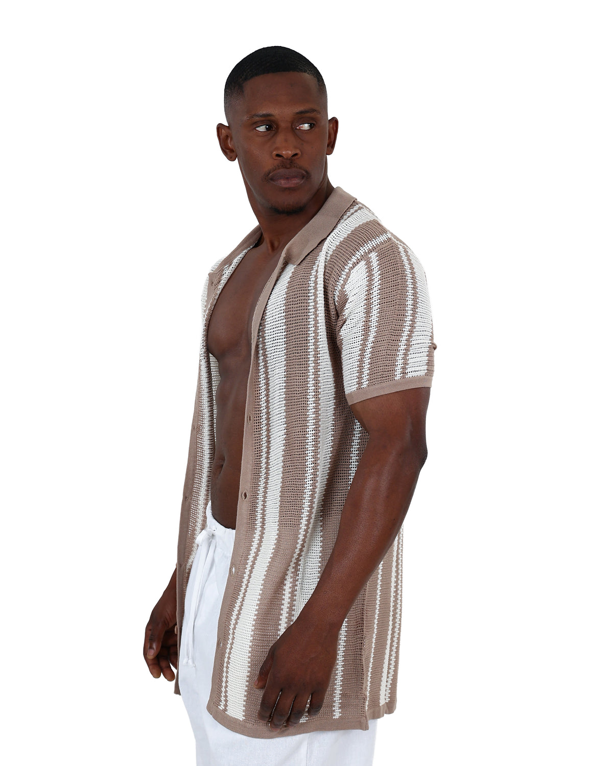 Short Sleeve Taupe & Cream Crochet Shirt