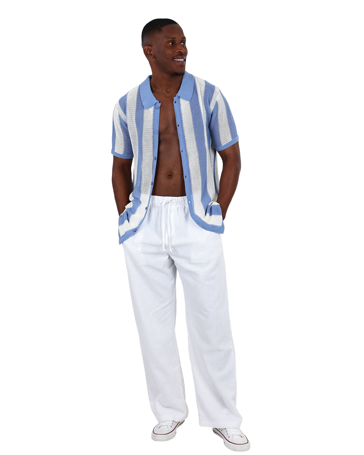 Short Sleeve Blue Stripe Knit Shirt