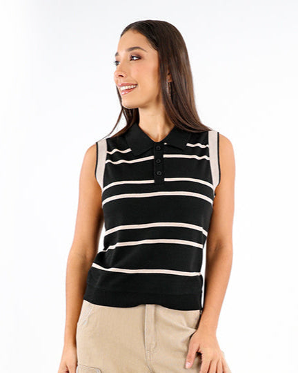 Sleeveless Fine Knit Polo Shirt