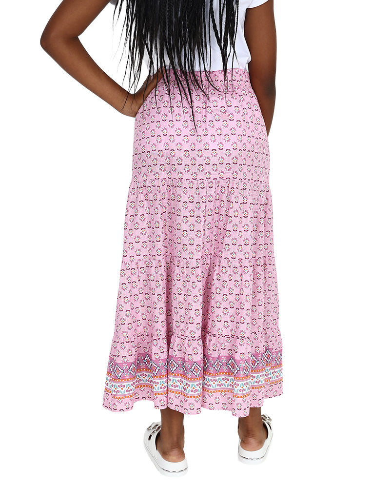 Border Print Tiered Maxi Skirt