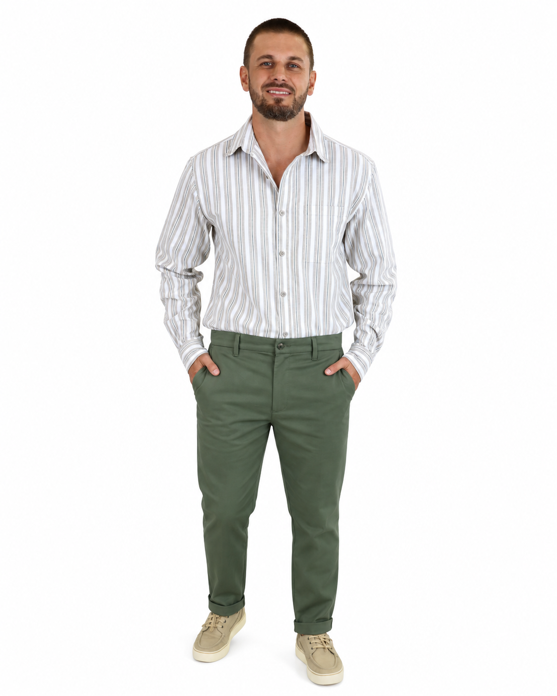Long Sleeve Beige Oxford Strip Shirt
