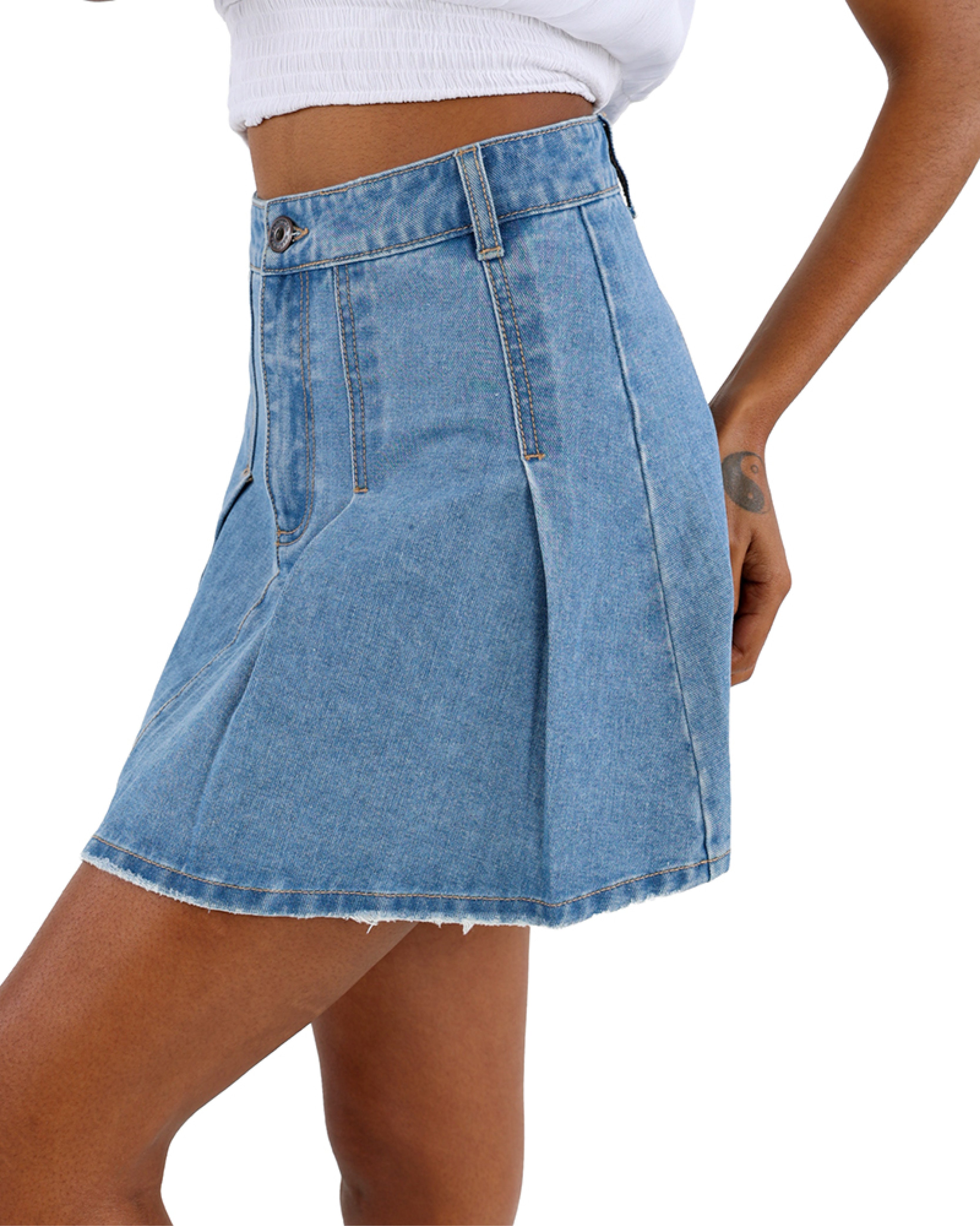 Pleated Denim Mini Skirt