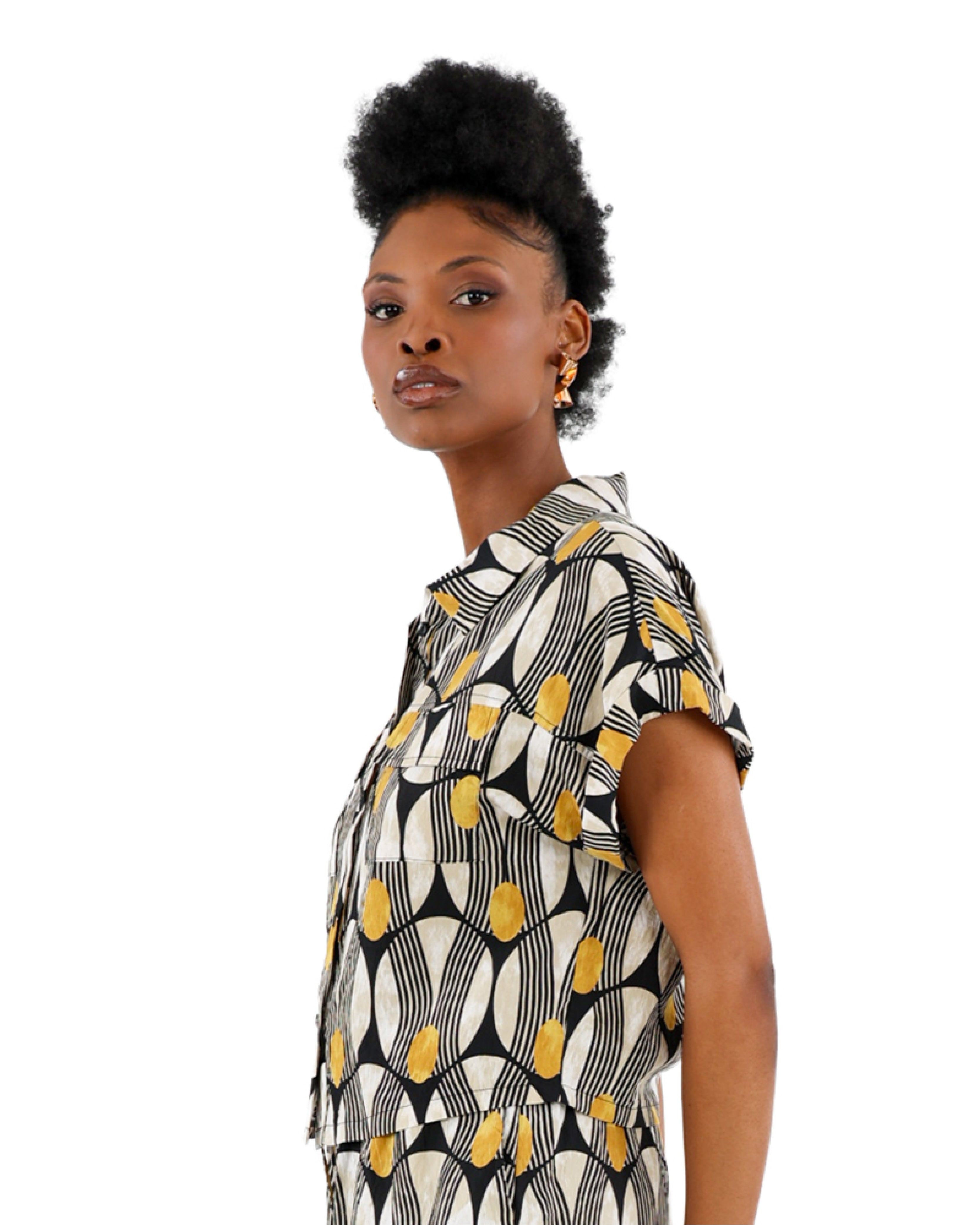 Geometric Print Double Pocket Short Sleeve Shirt