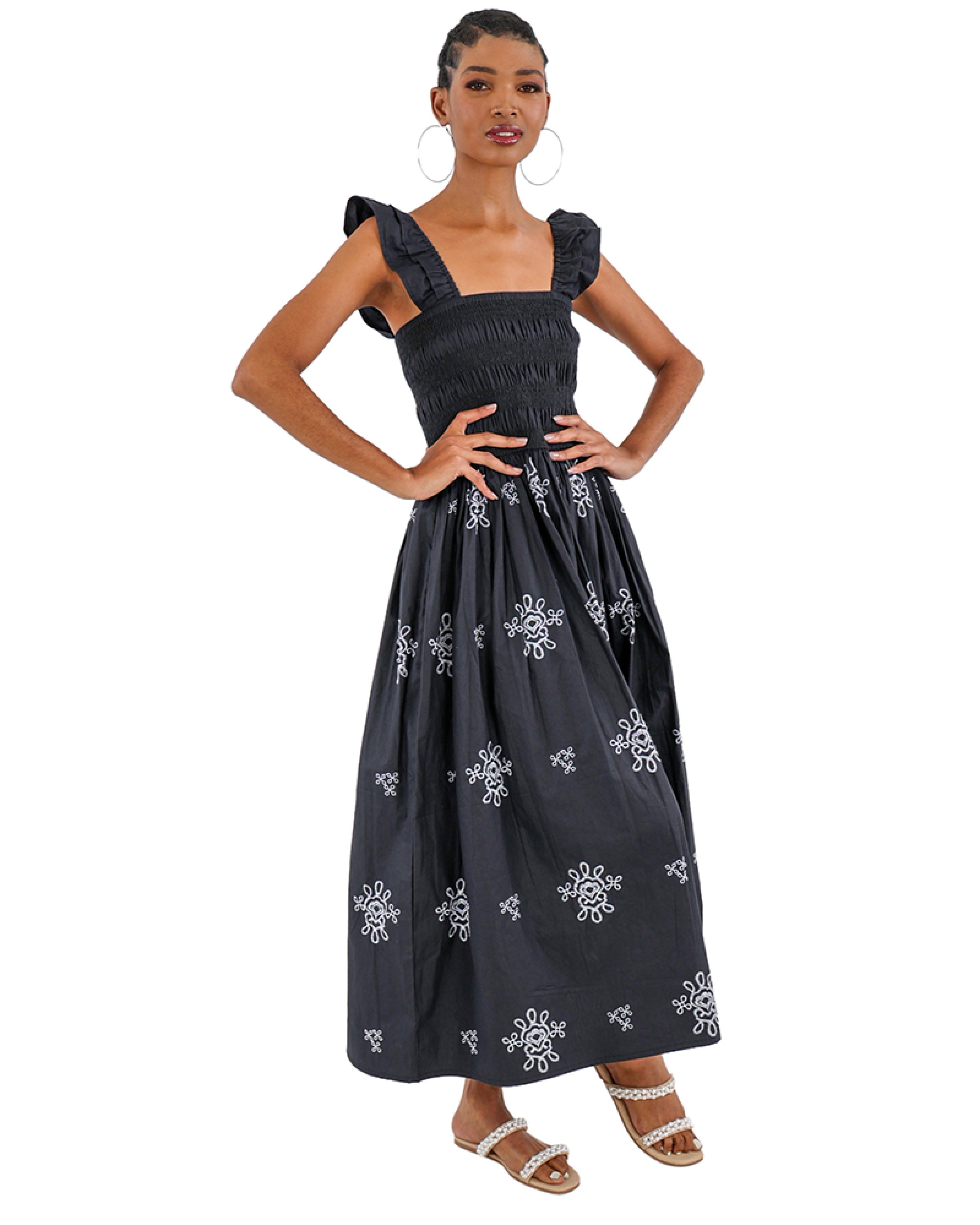 Ruffle Strap Embroidered Black Maxi Dress