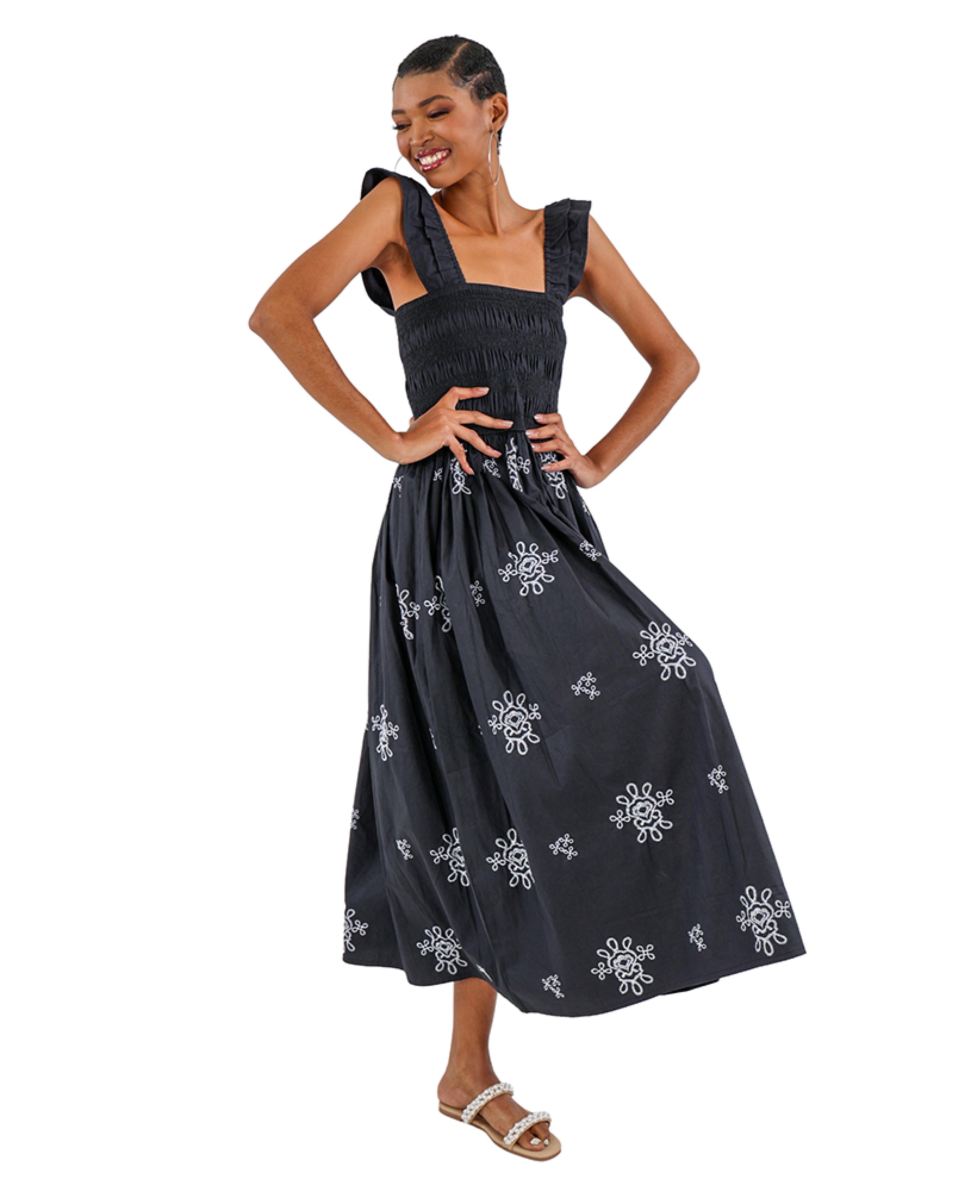 Ruffle Strap Embroidered Black Maxi Dress