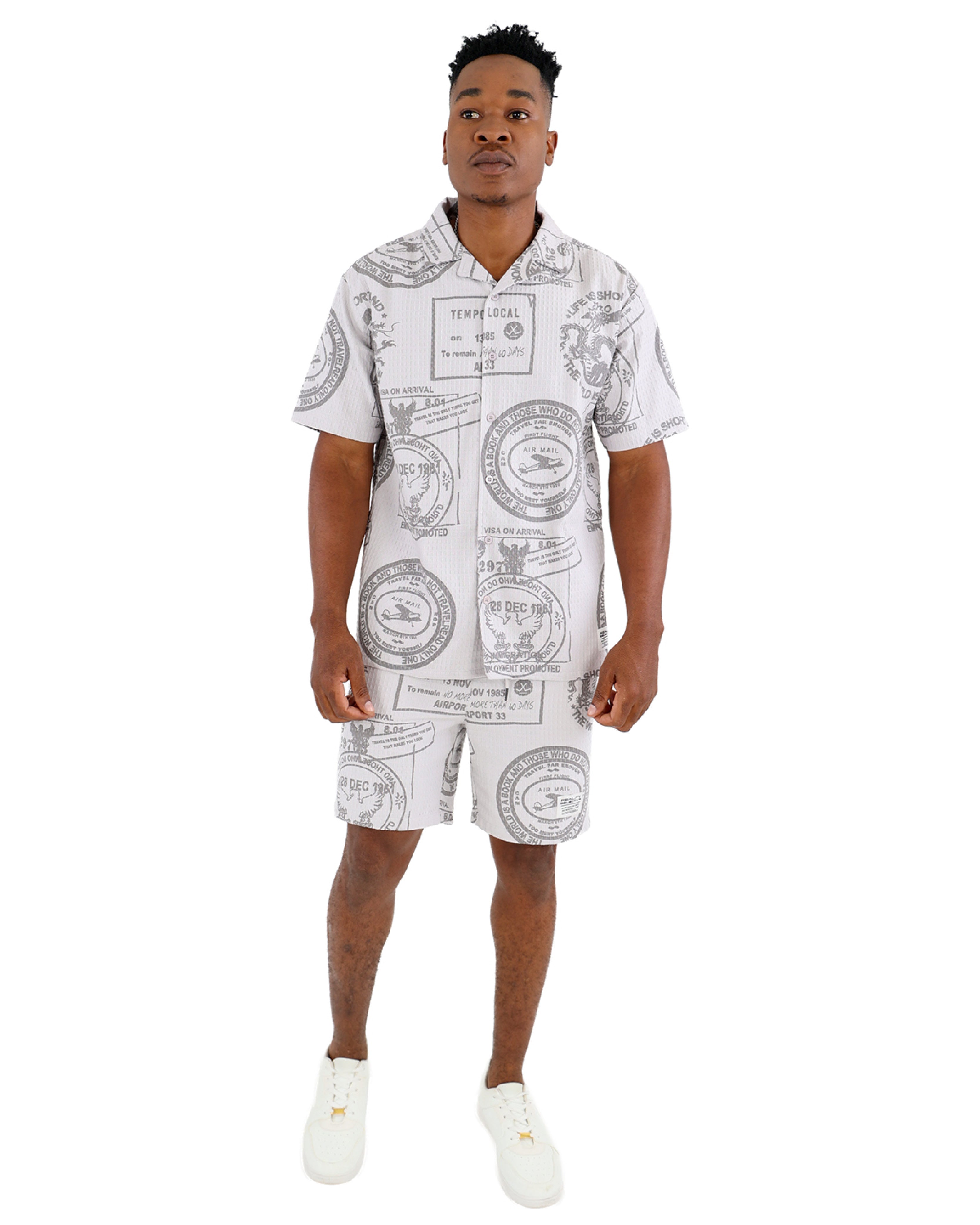 Grey Stamp Print Textured Shorts