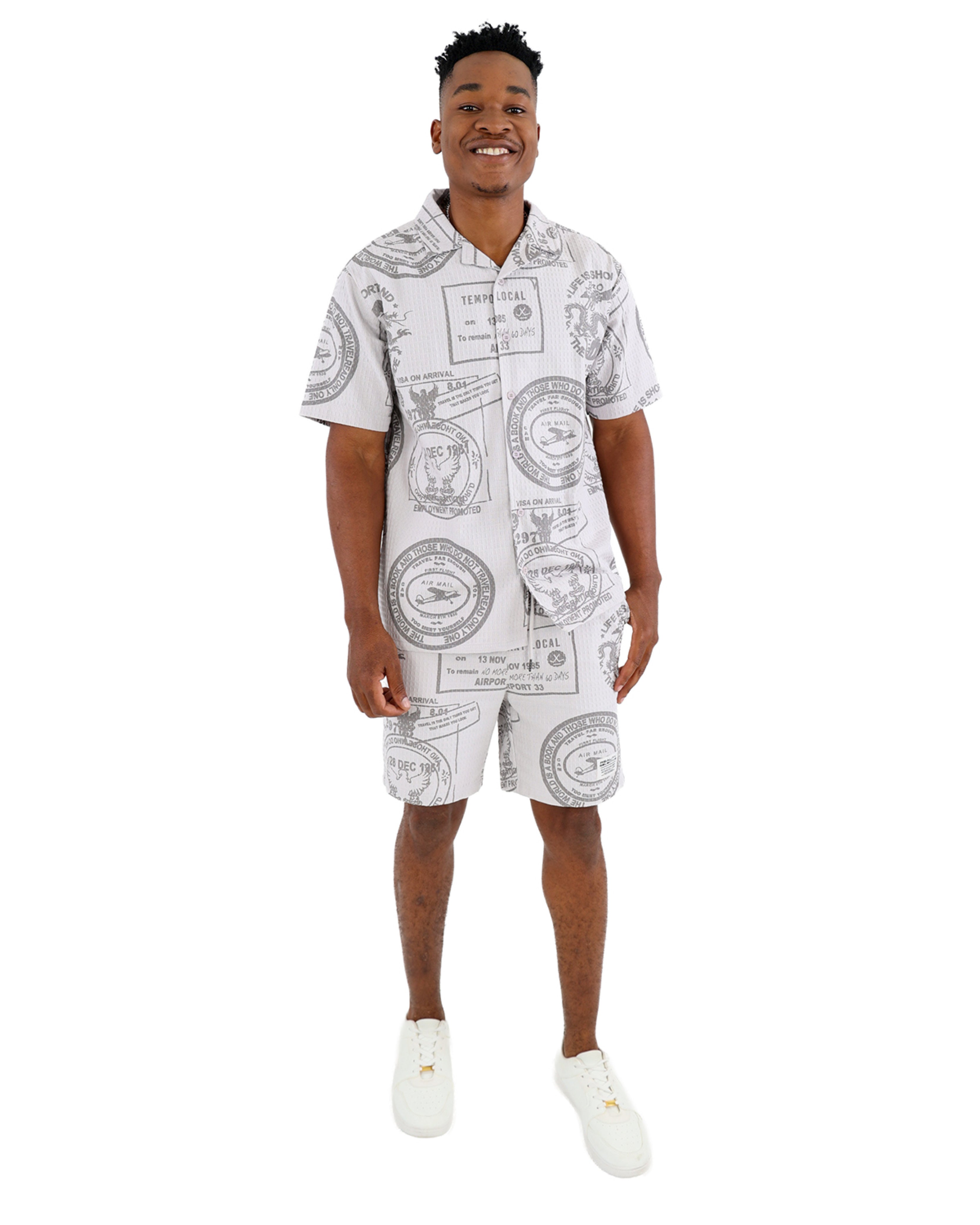 Grey Stamp Print Textured Short Sleeve Shirt