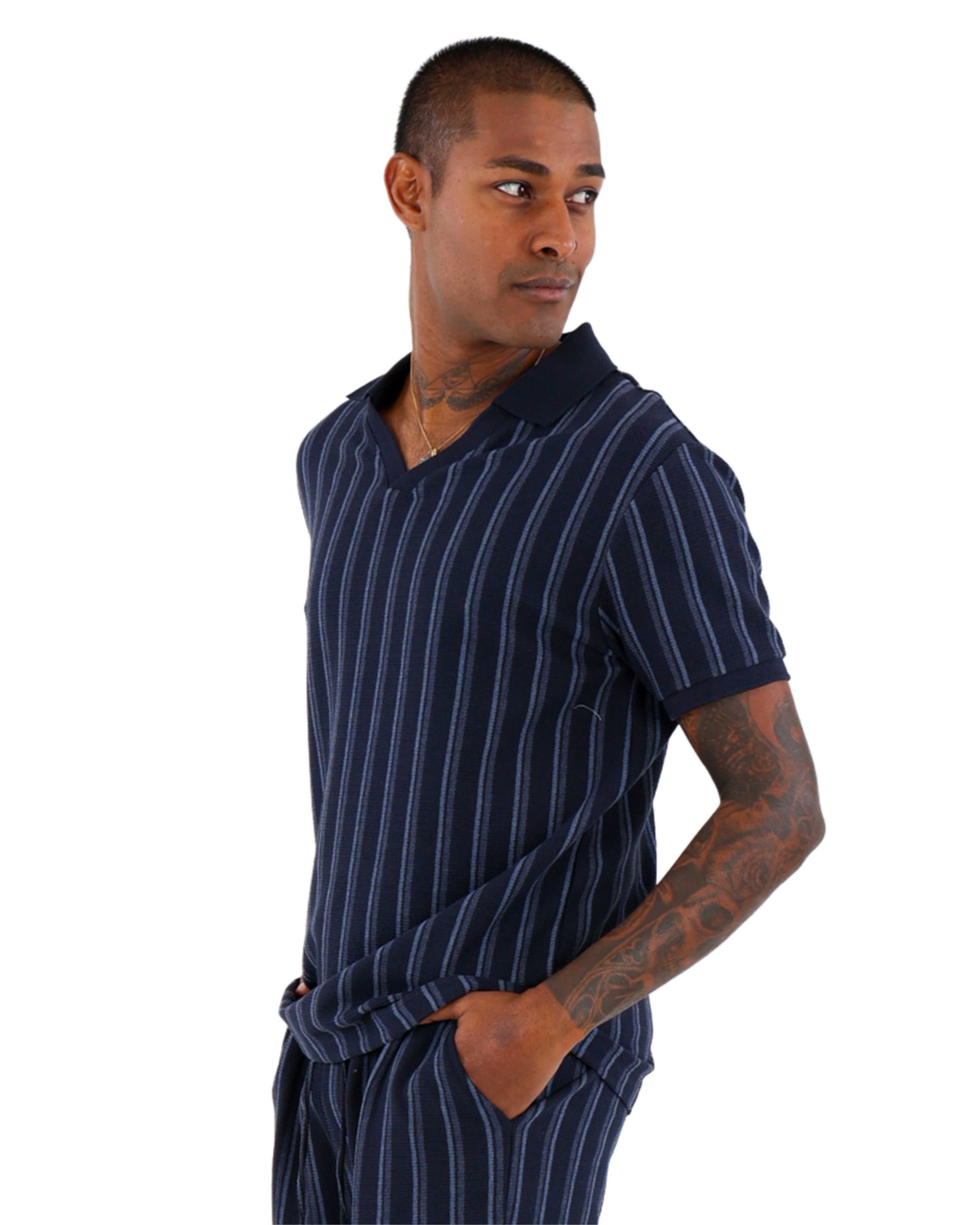 Textured Johnny Collar Short Sleeve Striped Golfer