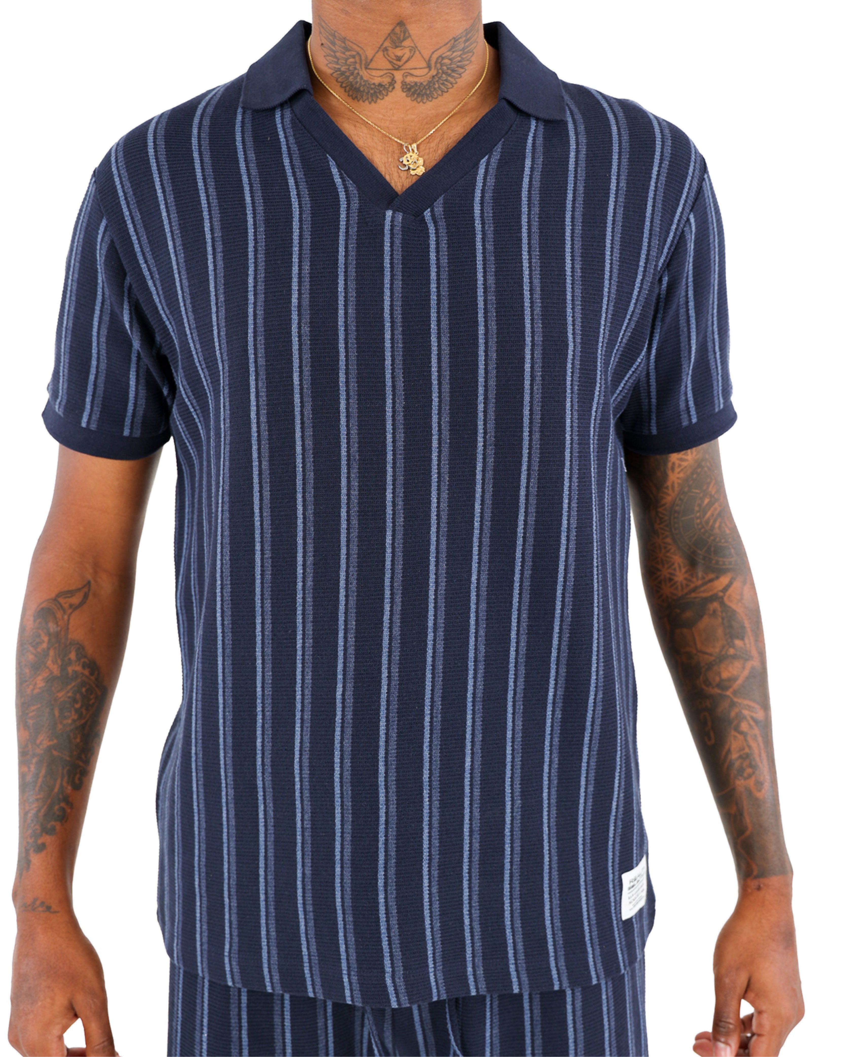 Textured Johnny Collar Short Sleeve Striped Golfer