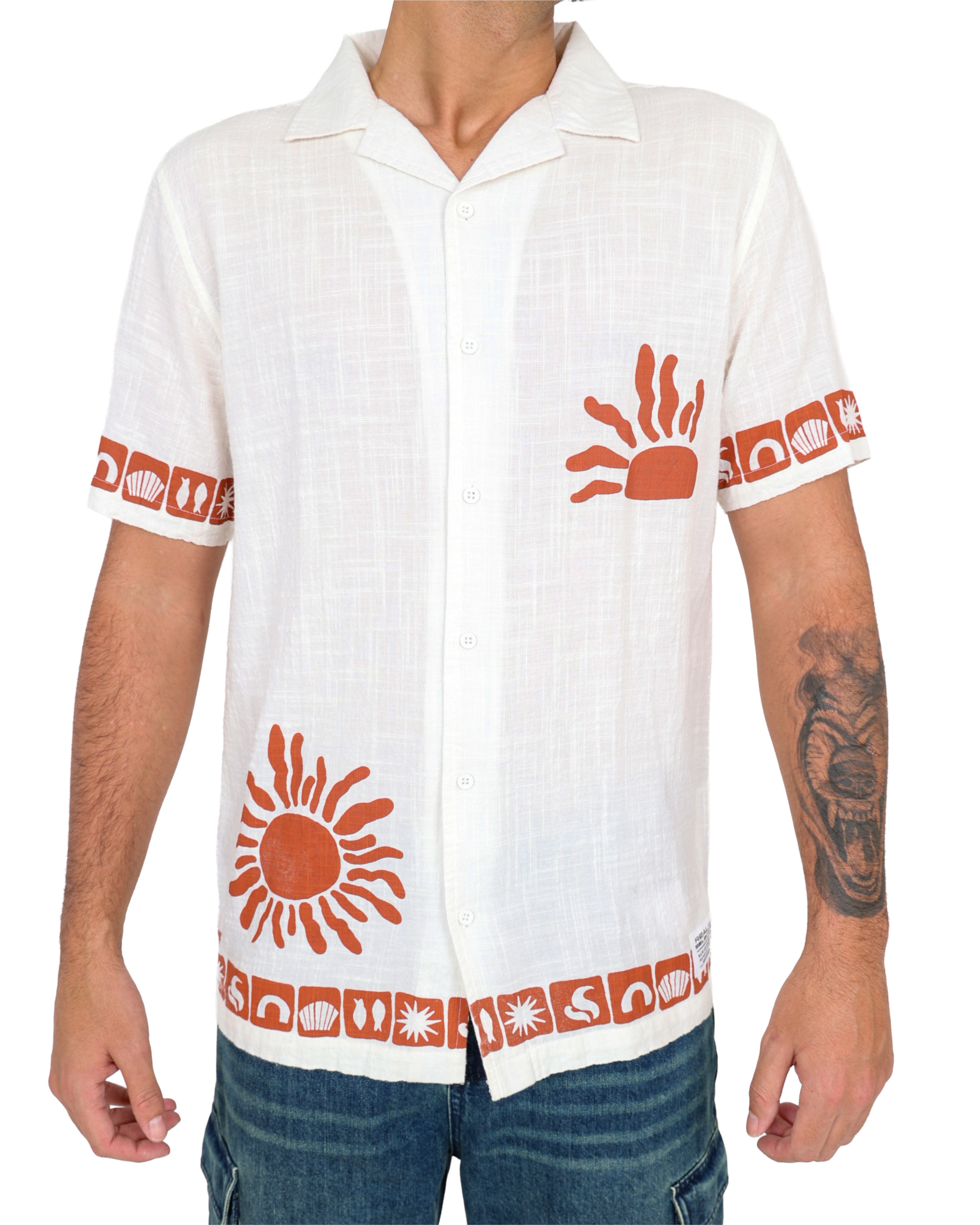 Short Sleeve Border Print Textured Slub Shirt