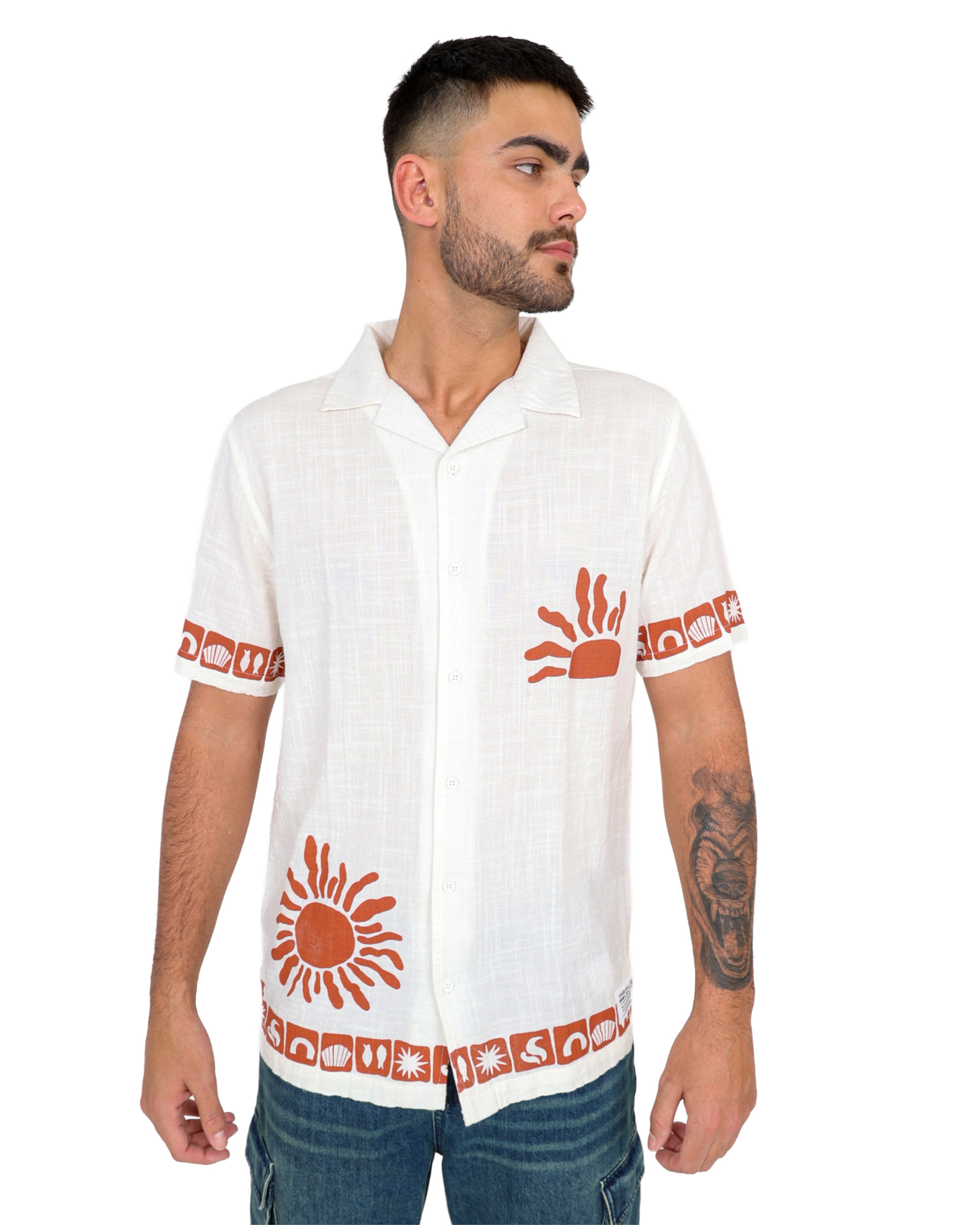 Short Sleeve Border Print Textured Slub Shirt