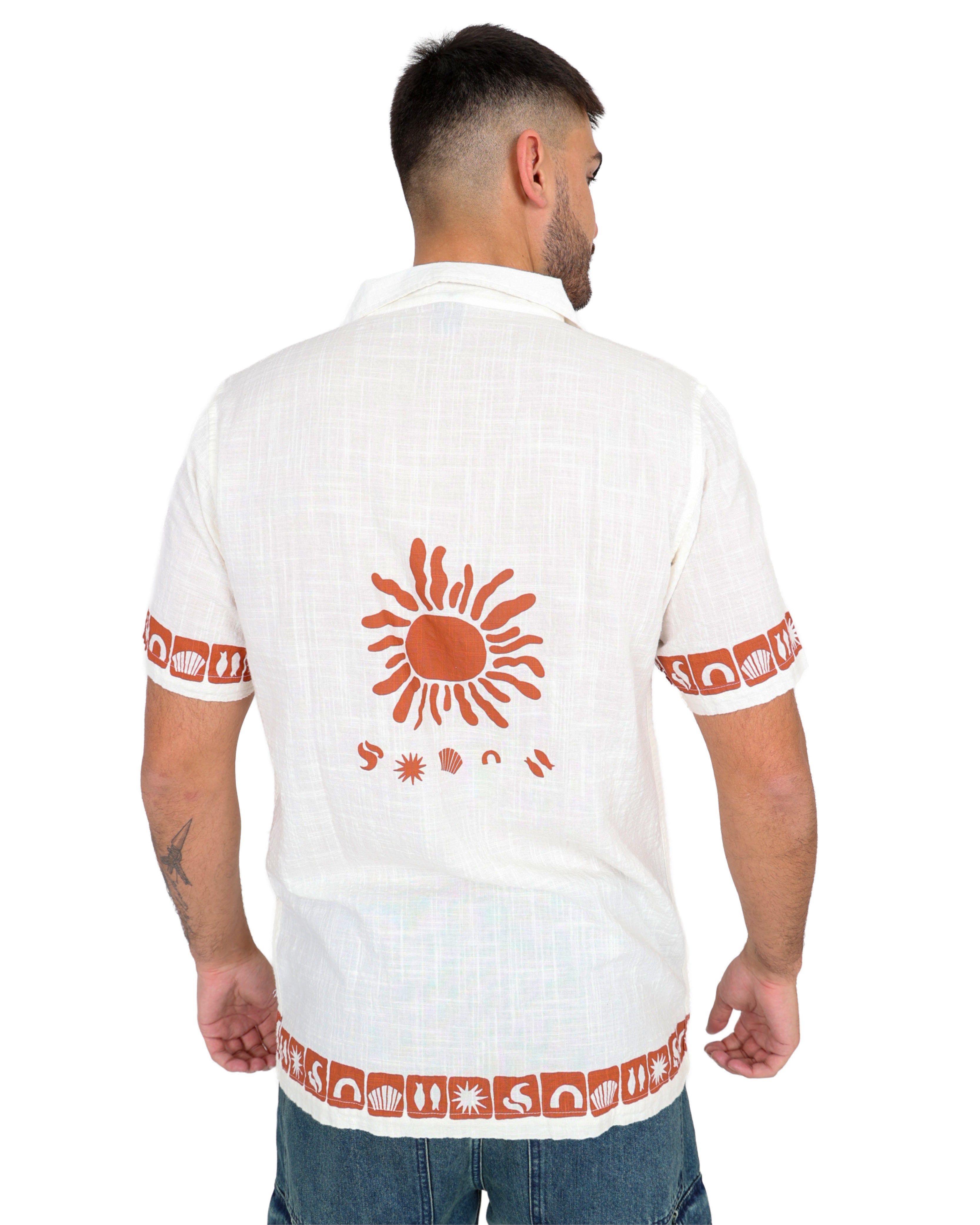 Short Sleeve Border Print Textured Slub Shirt