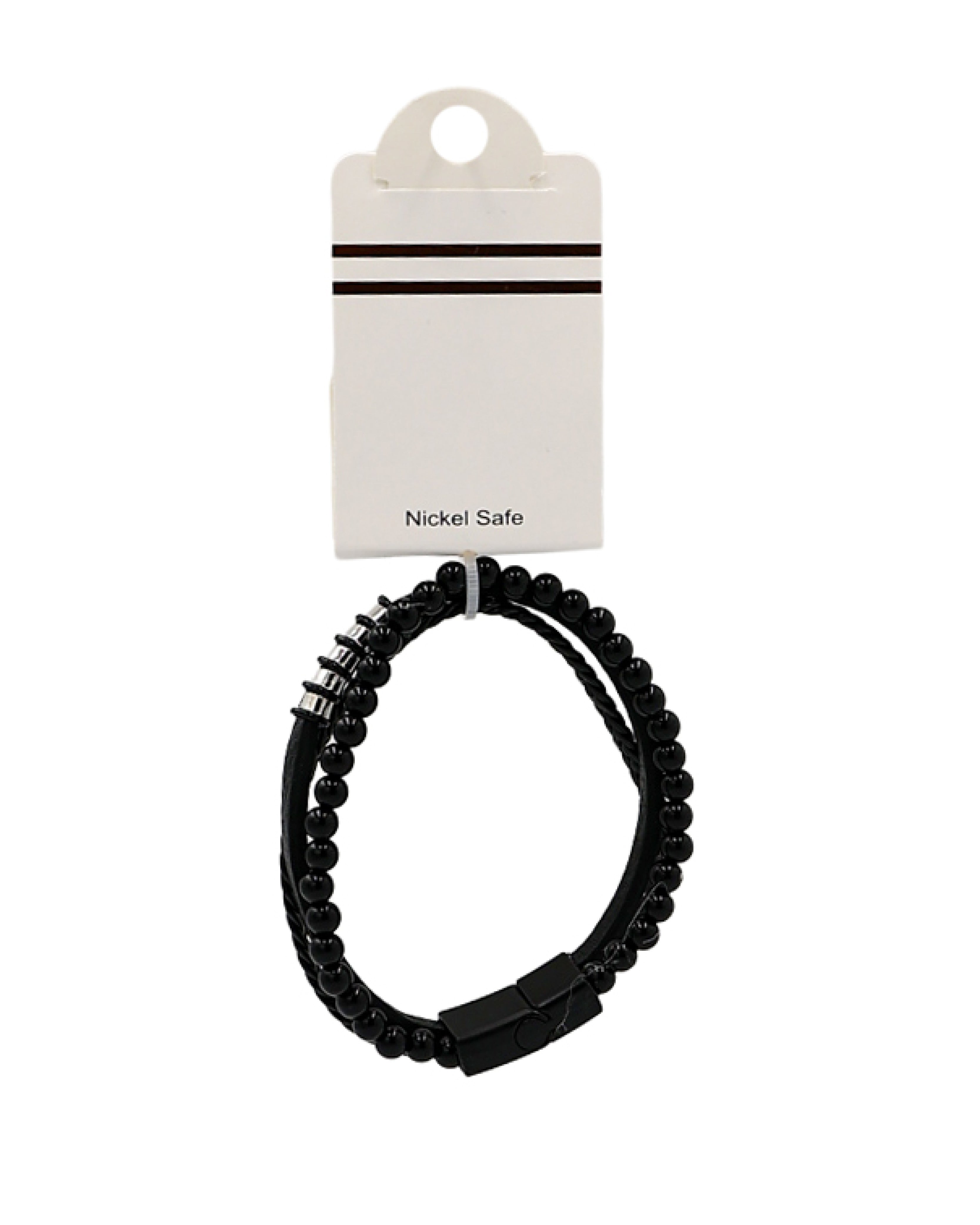 Black Leather Look Bead Bracelet