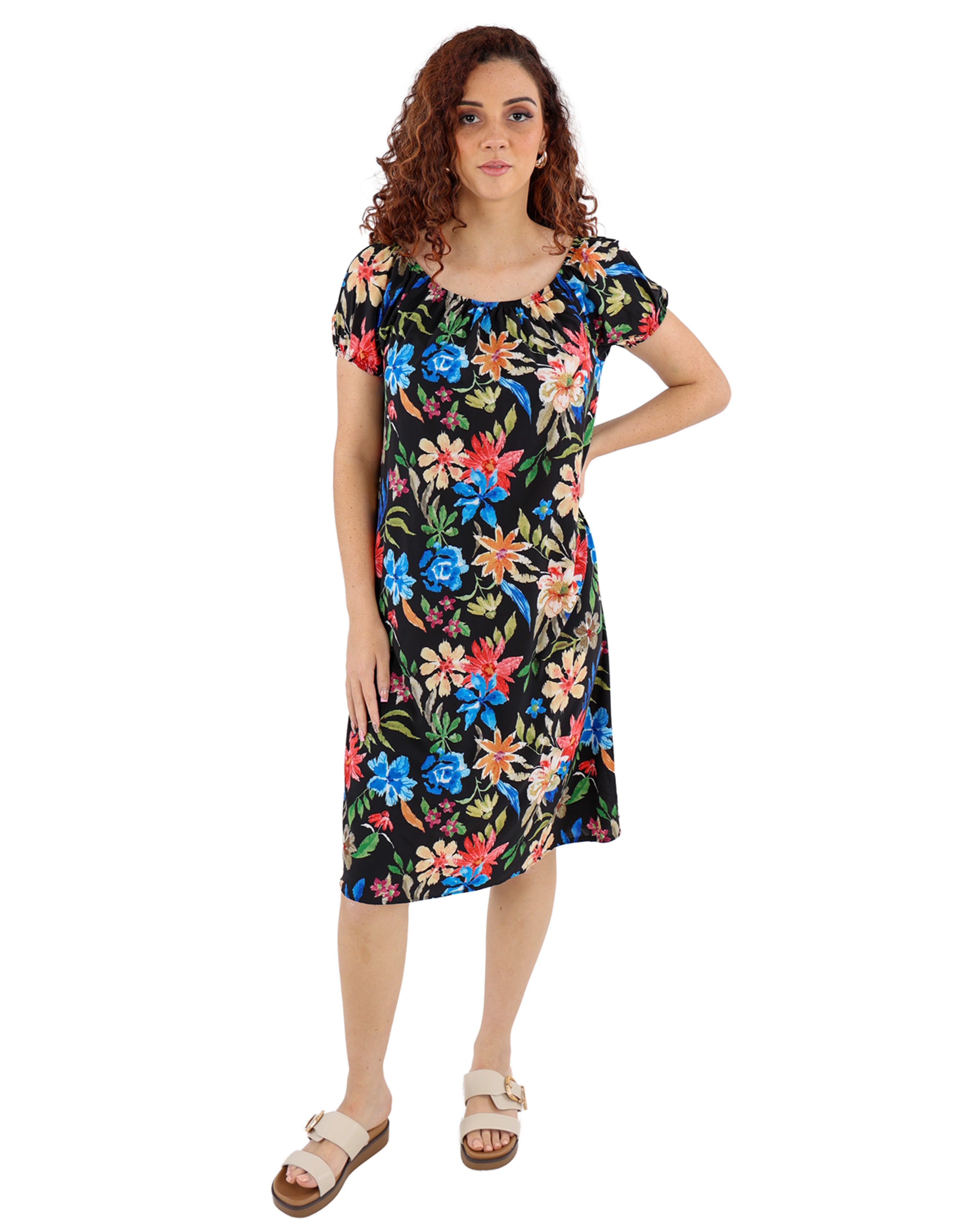 Short Puff Sleeve Tropical Print Dress