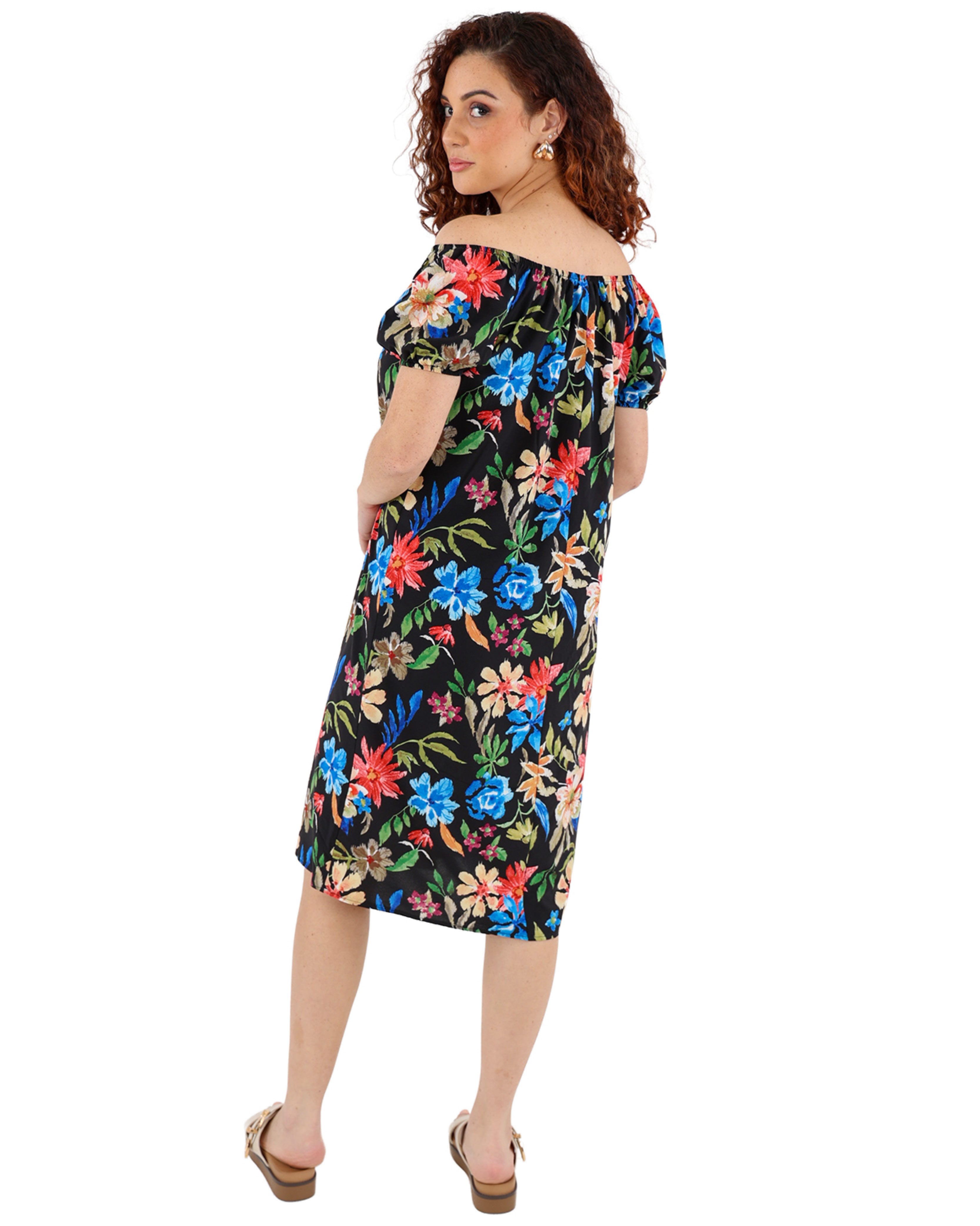Short Puff Sleeve Tropical Print Dress