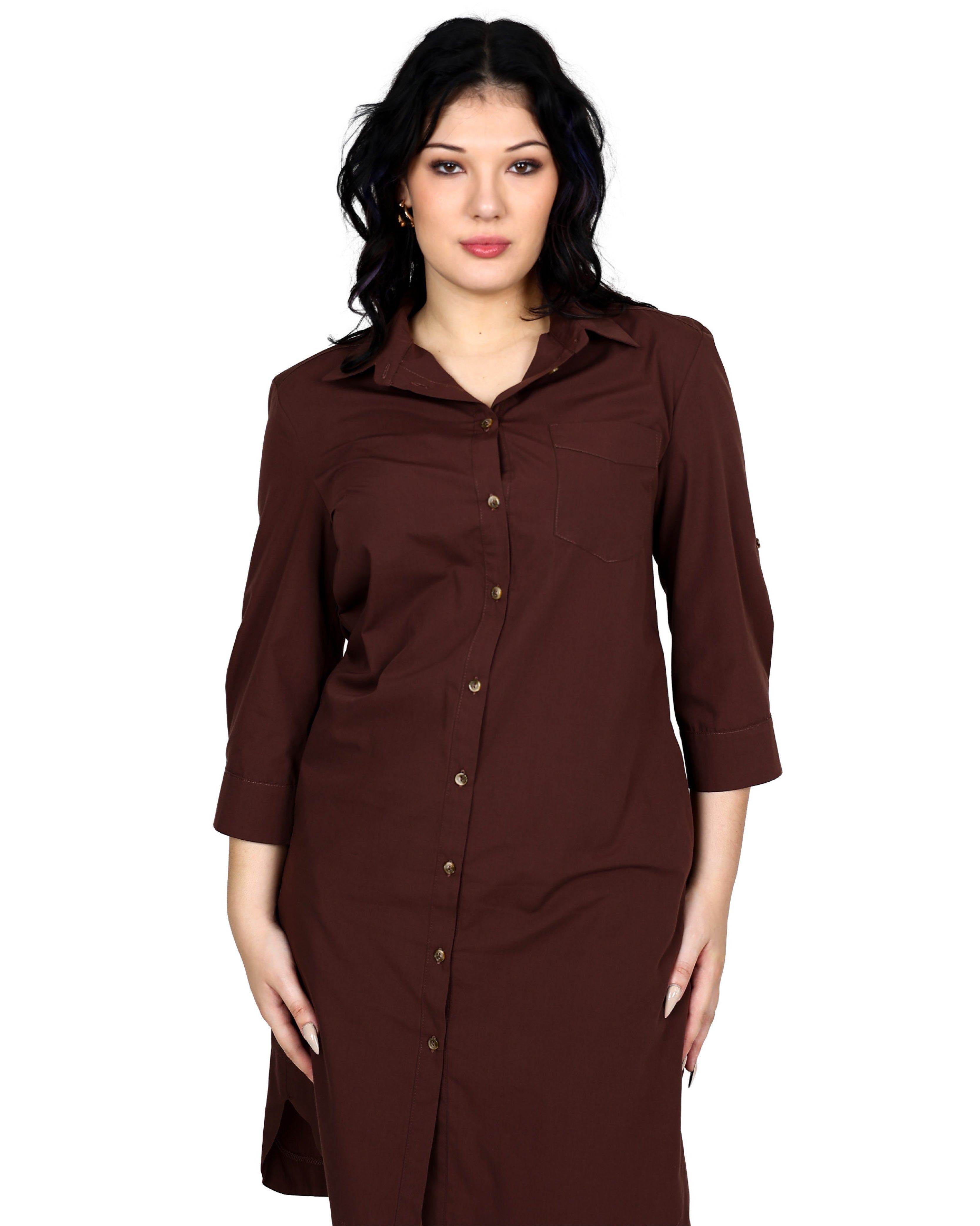 3/4 Sleeve Button Through Chocolate Shirt Dress