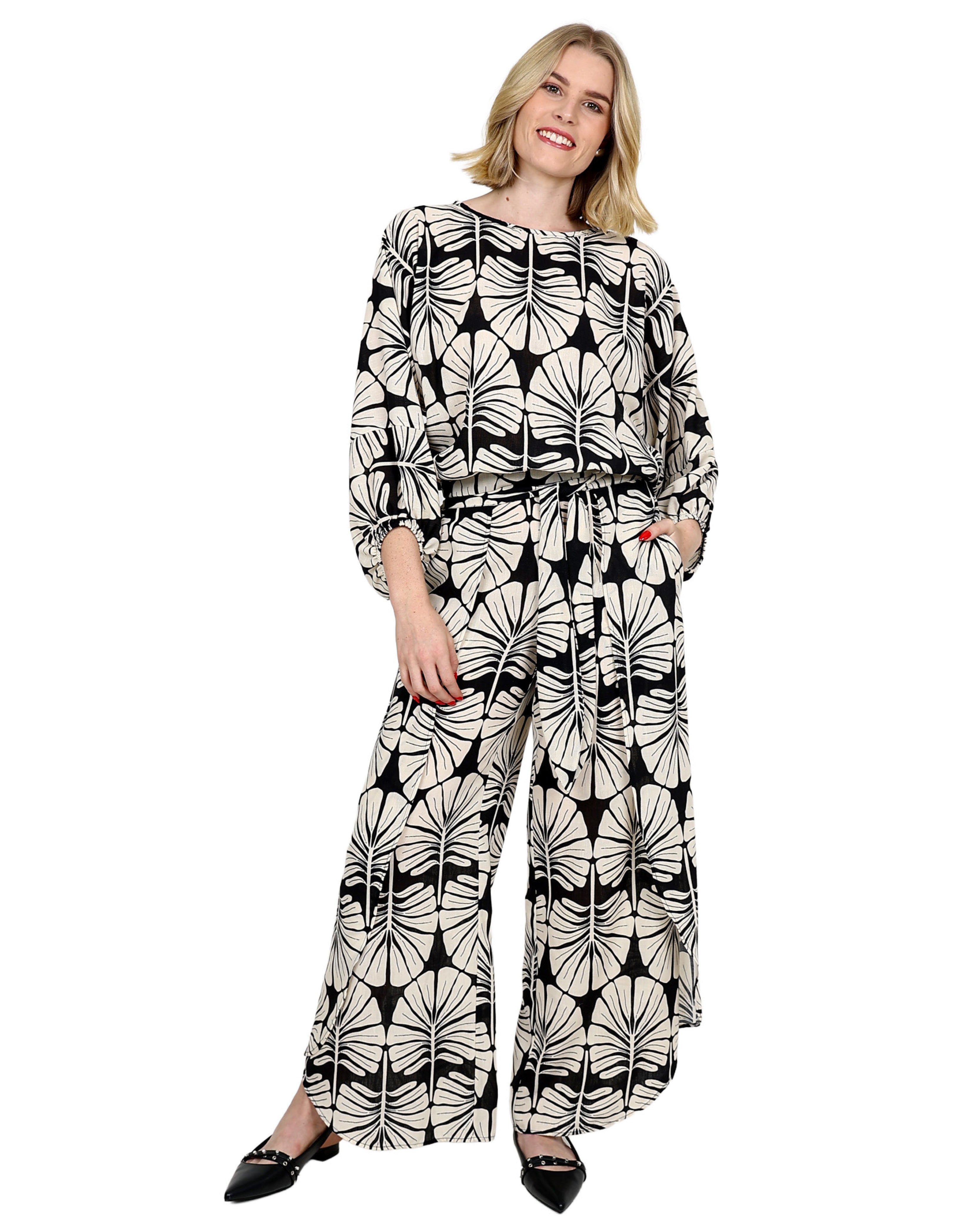 Linen Look Leaf Print 3/4 Sleeve Blouse