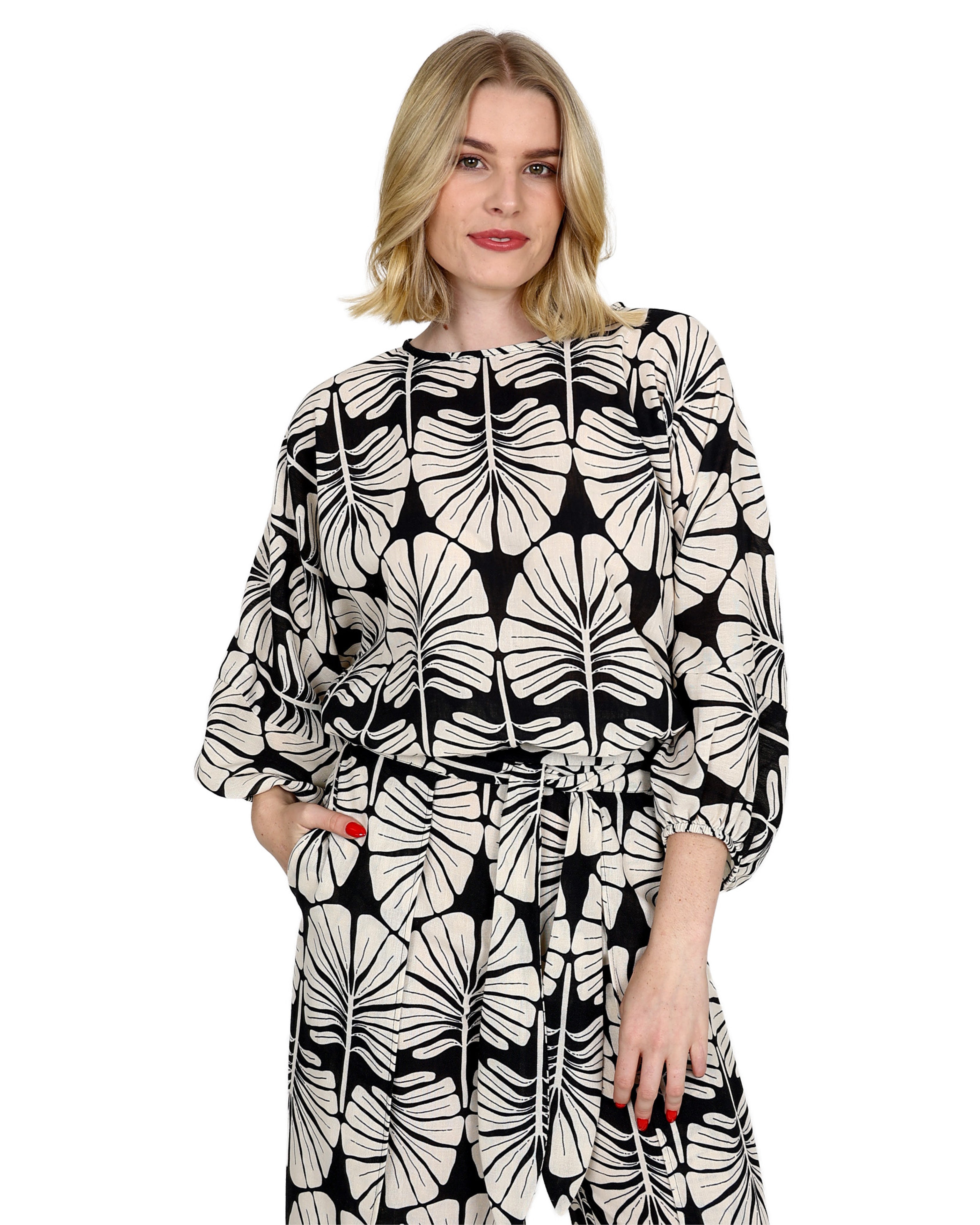 Linen Look Leaf Print 3/4 Sleeve Blouse