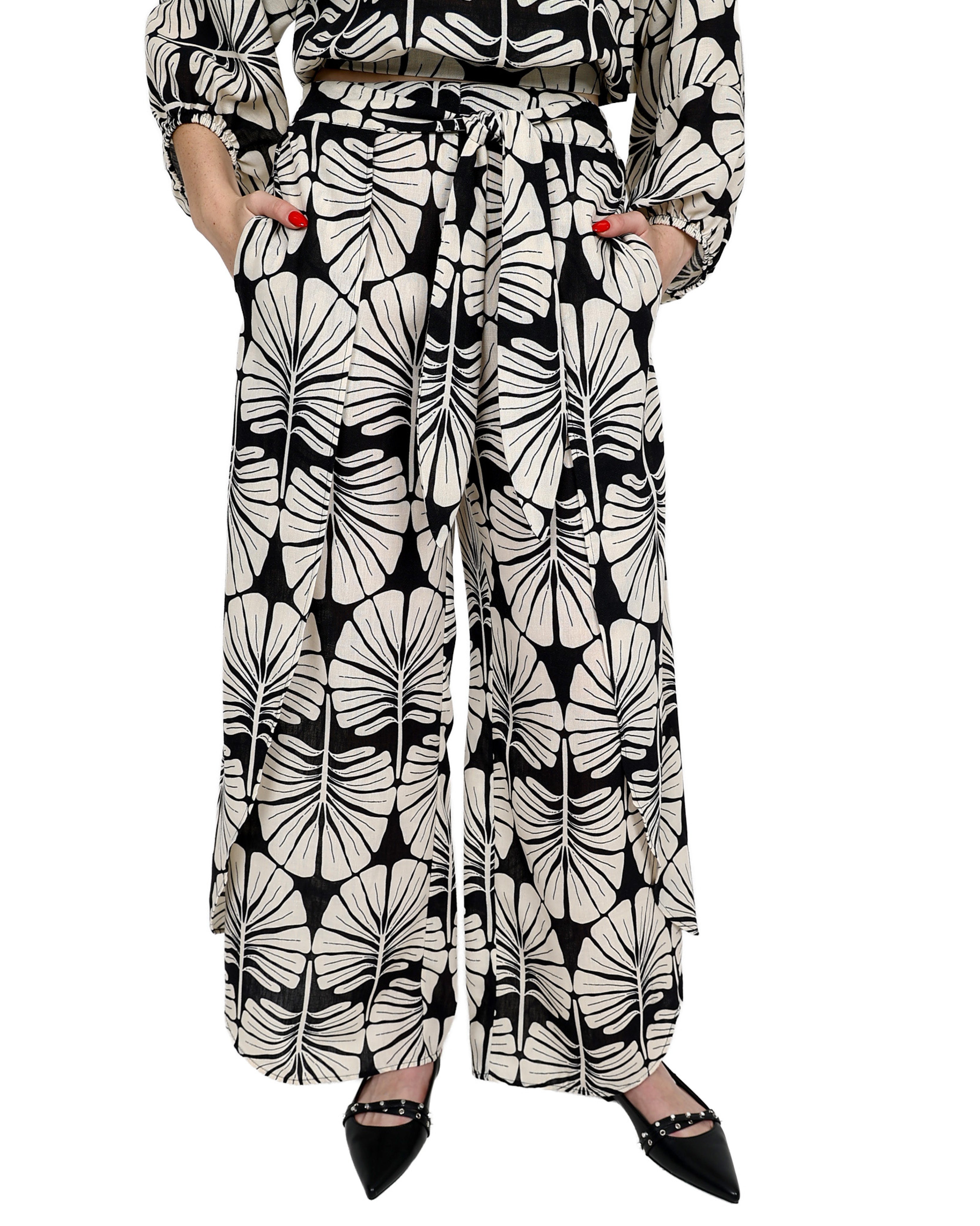 Linen Look Leaf Print Flared Pants