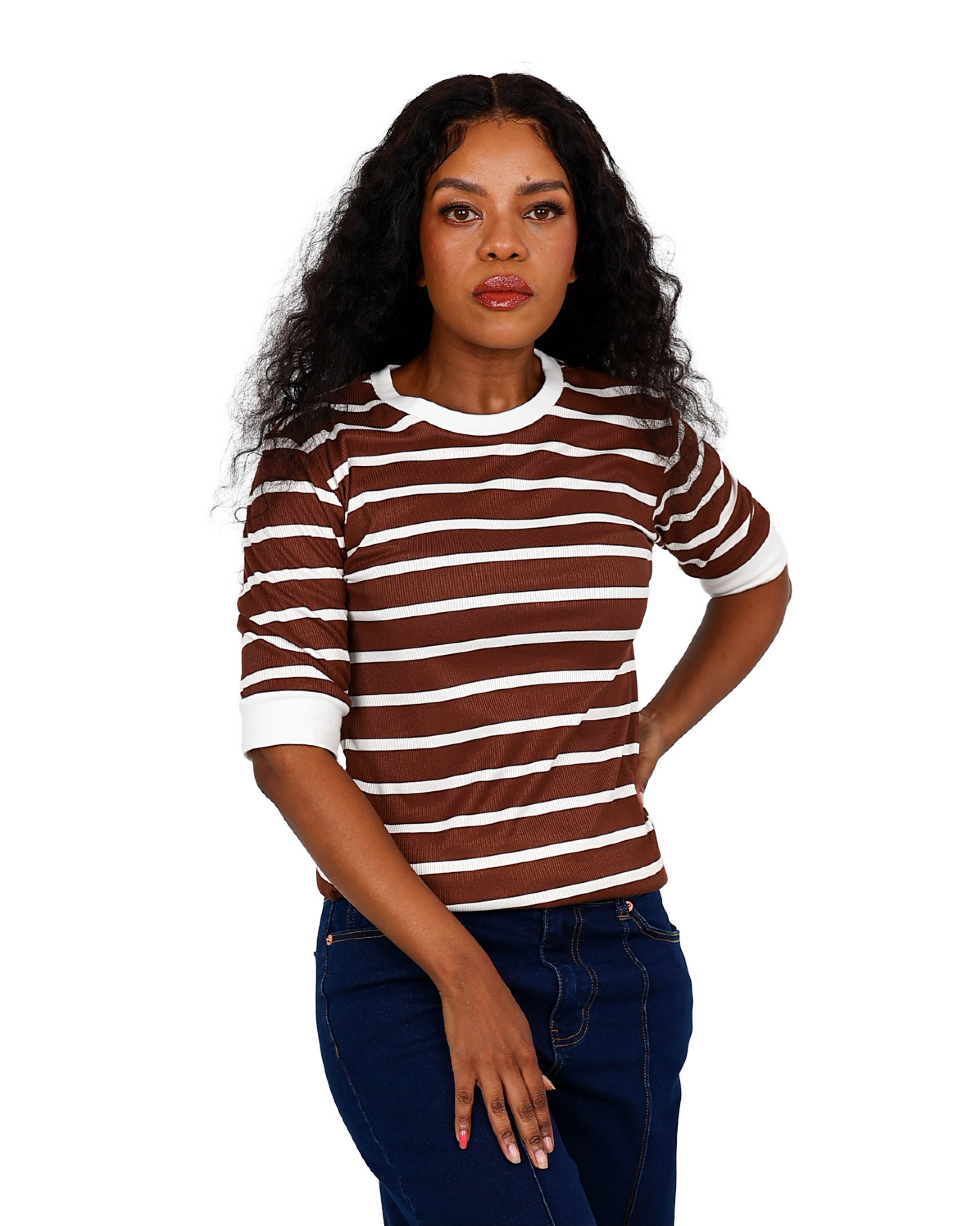 Short Sleeve Chocolate & White Striped T-Shirt