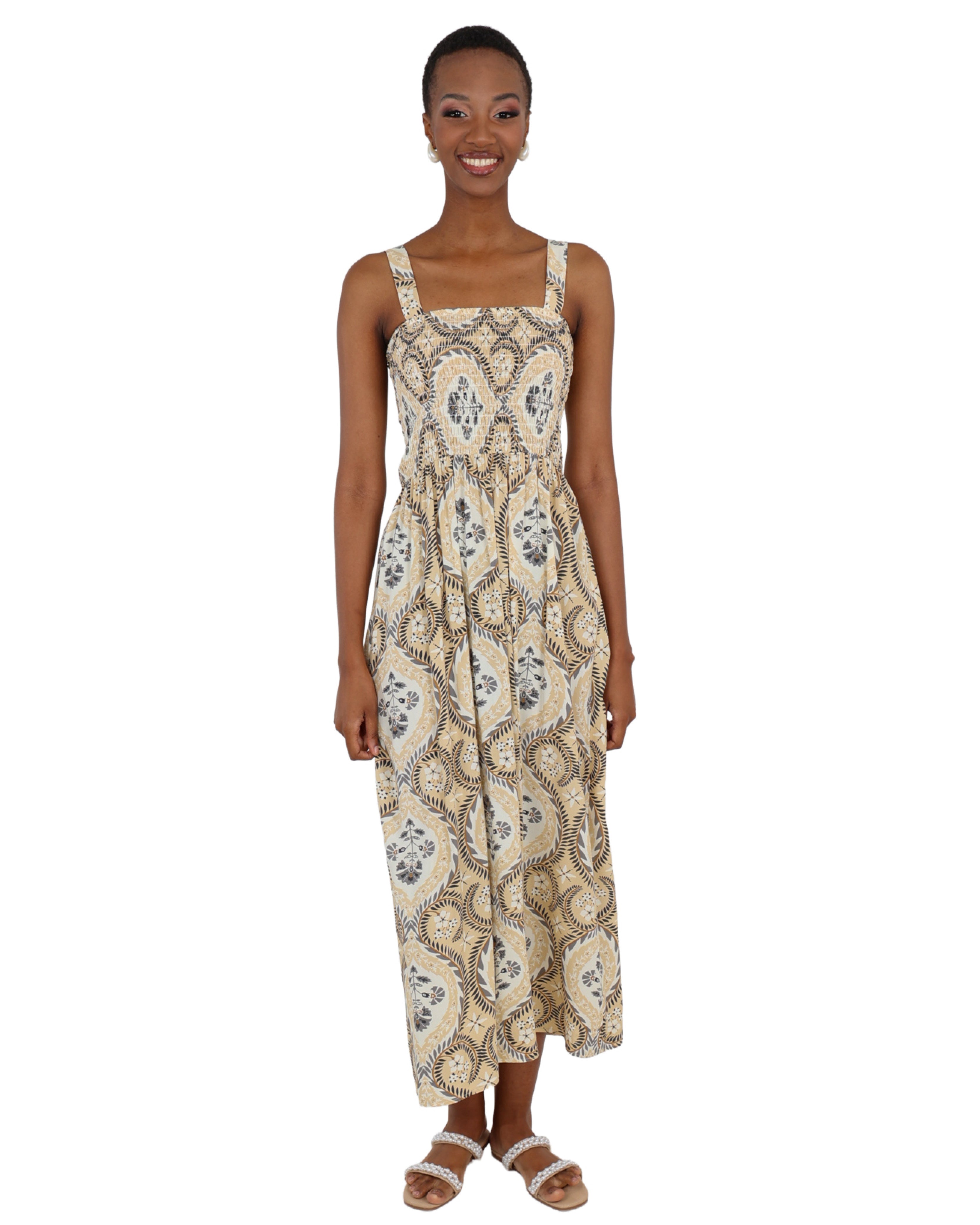 Strappy Smocked Maxi Print Dress