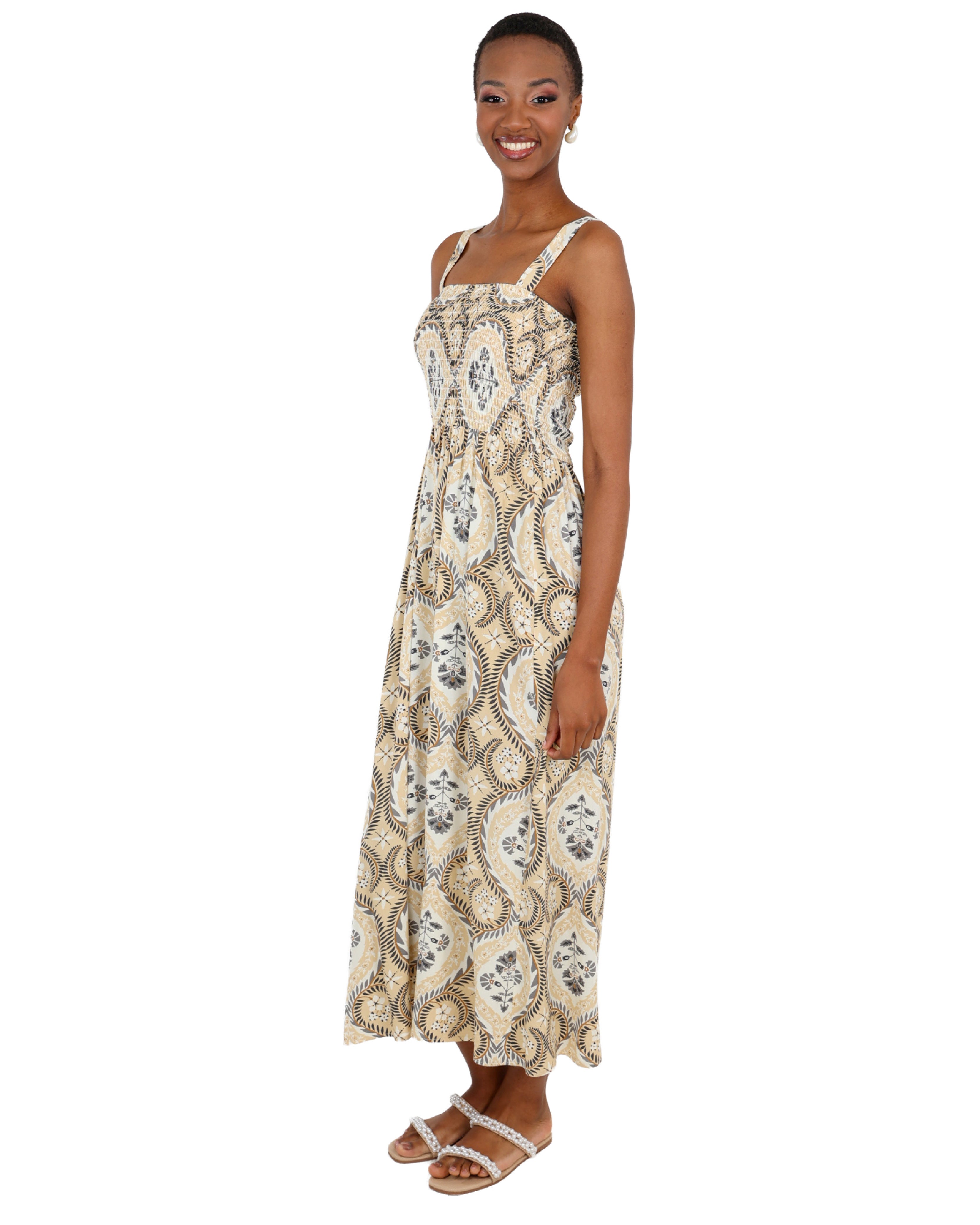 Strappy Smocked Maxi Print Dress