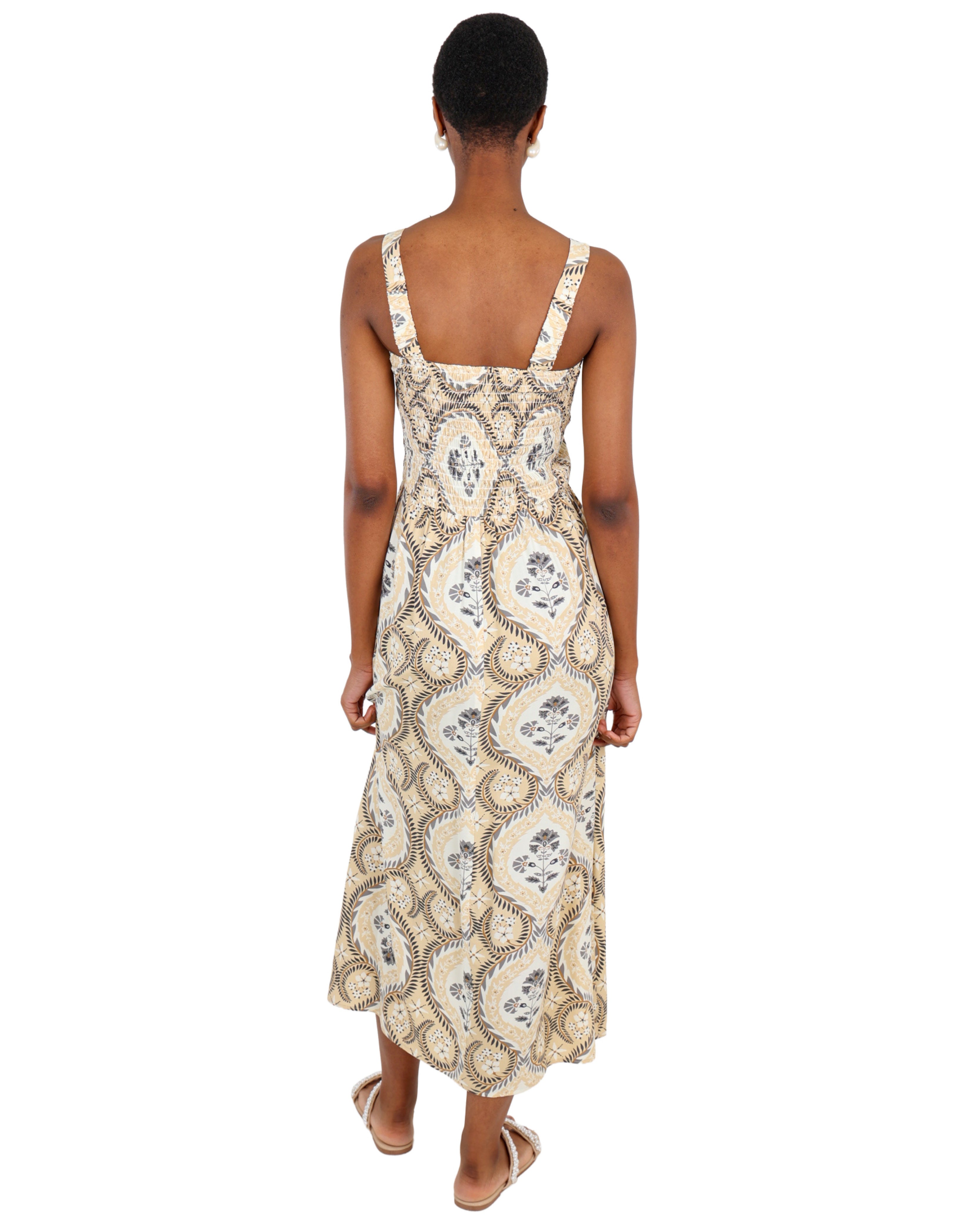 Strappy Smocked Maxi Print Dress