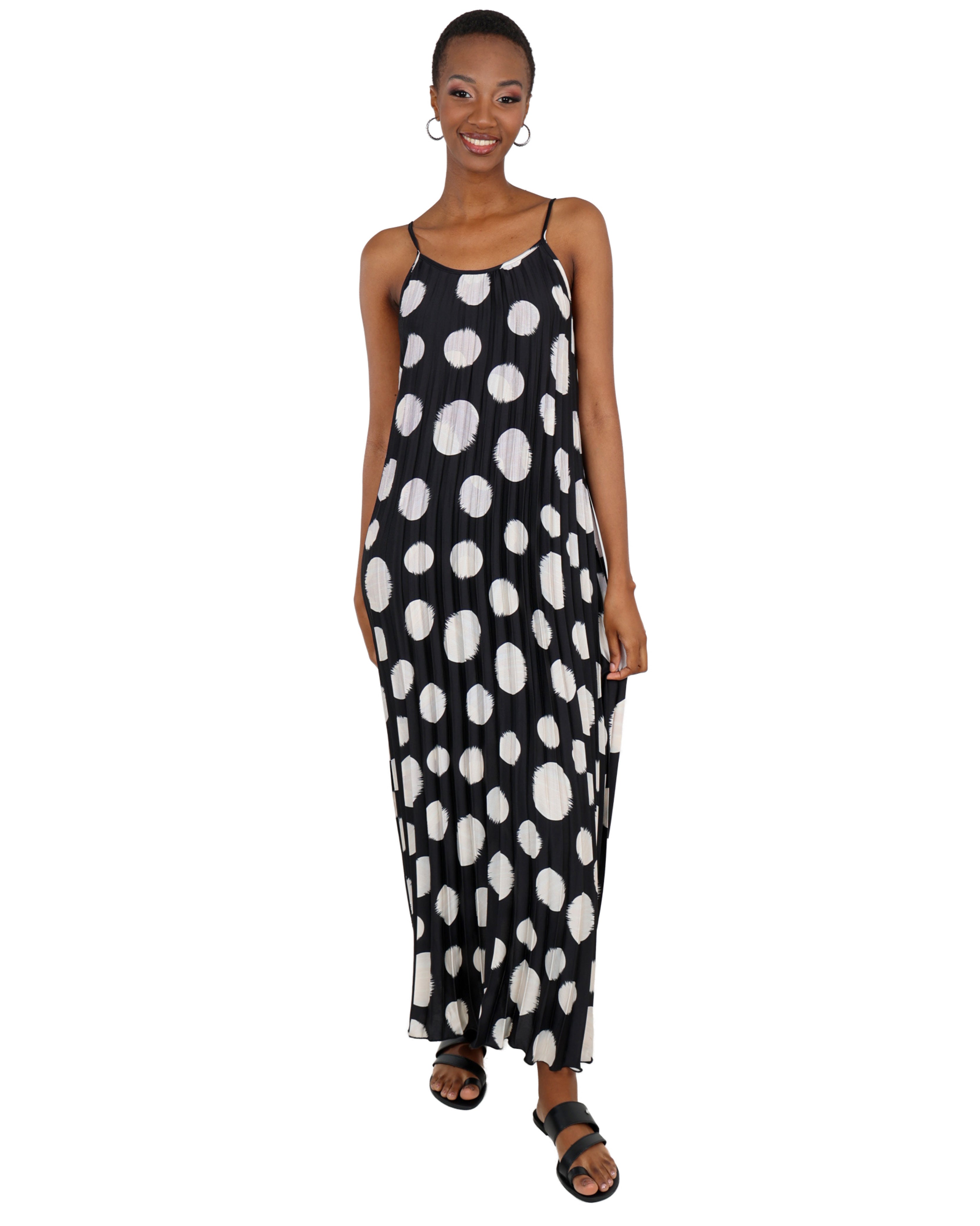 Strappy Polka Dot Pleated Maxi Dress