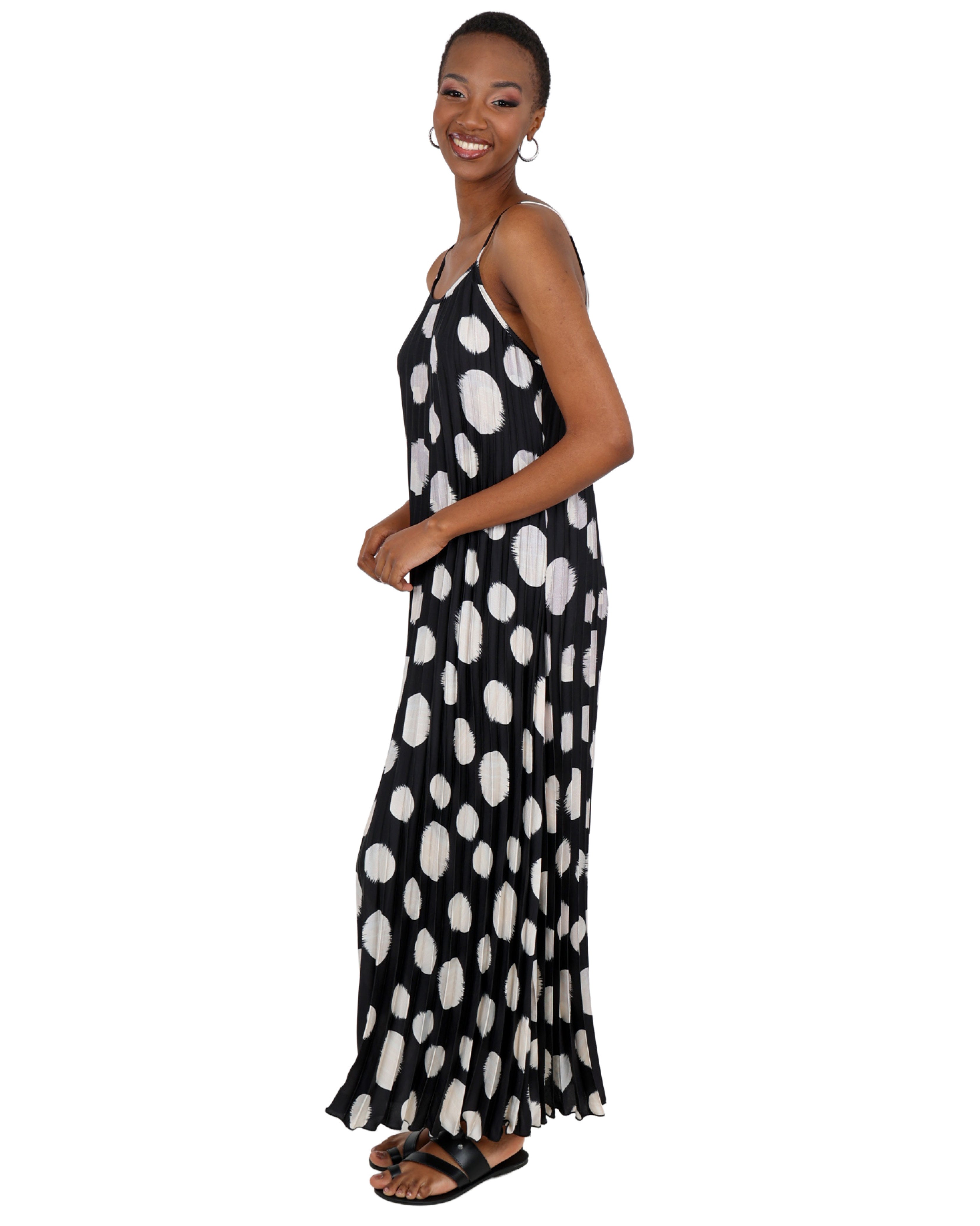 Strappy Polka Dot Pleated Maxi Dress