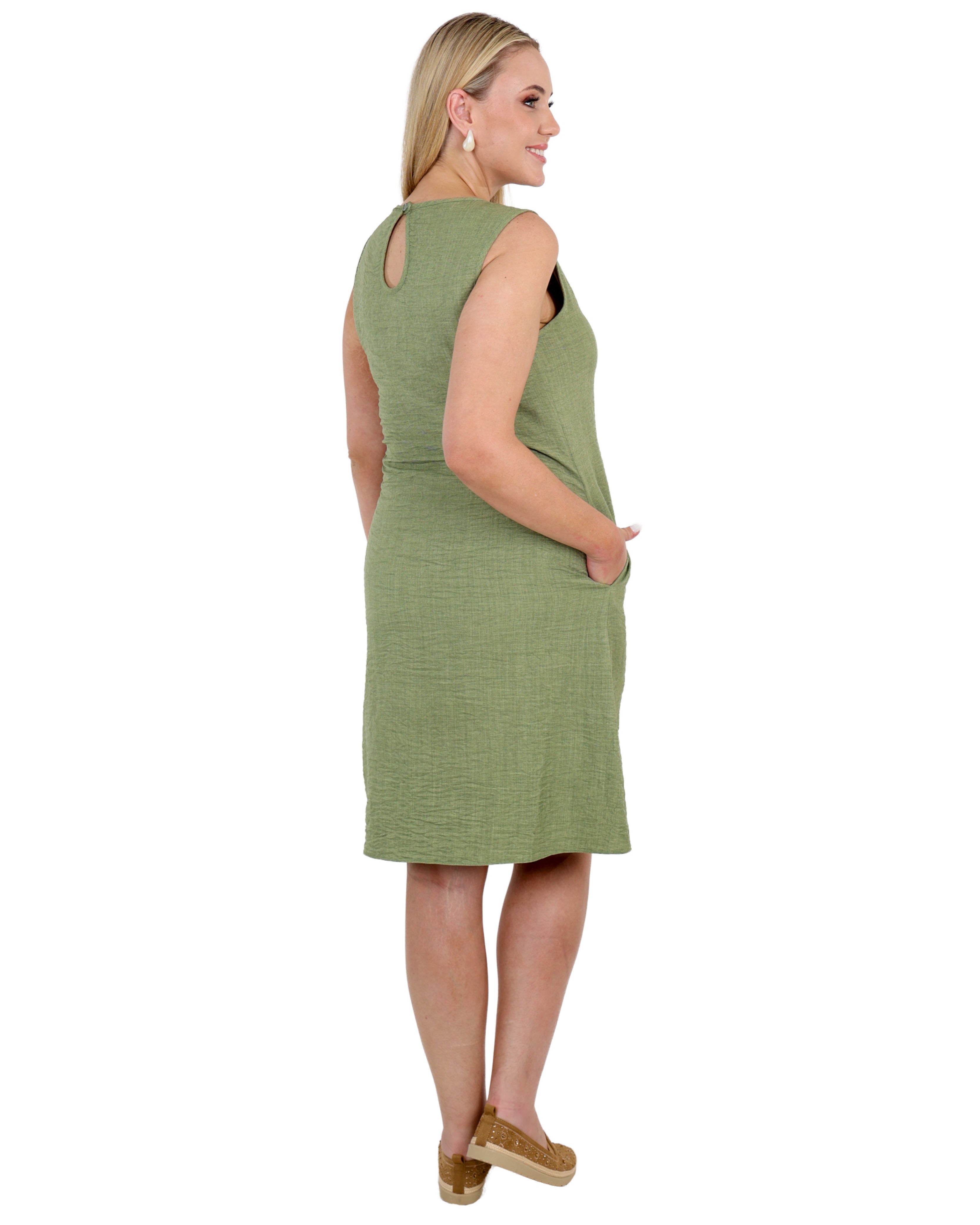 Sage Knee Length Sleeveless Shift Dress