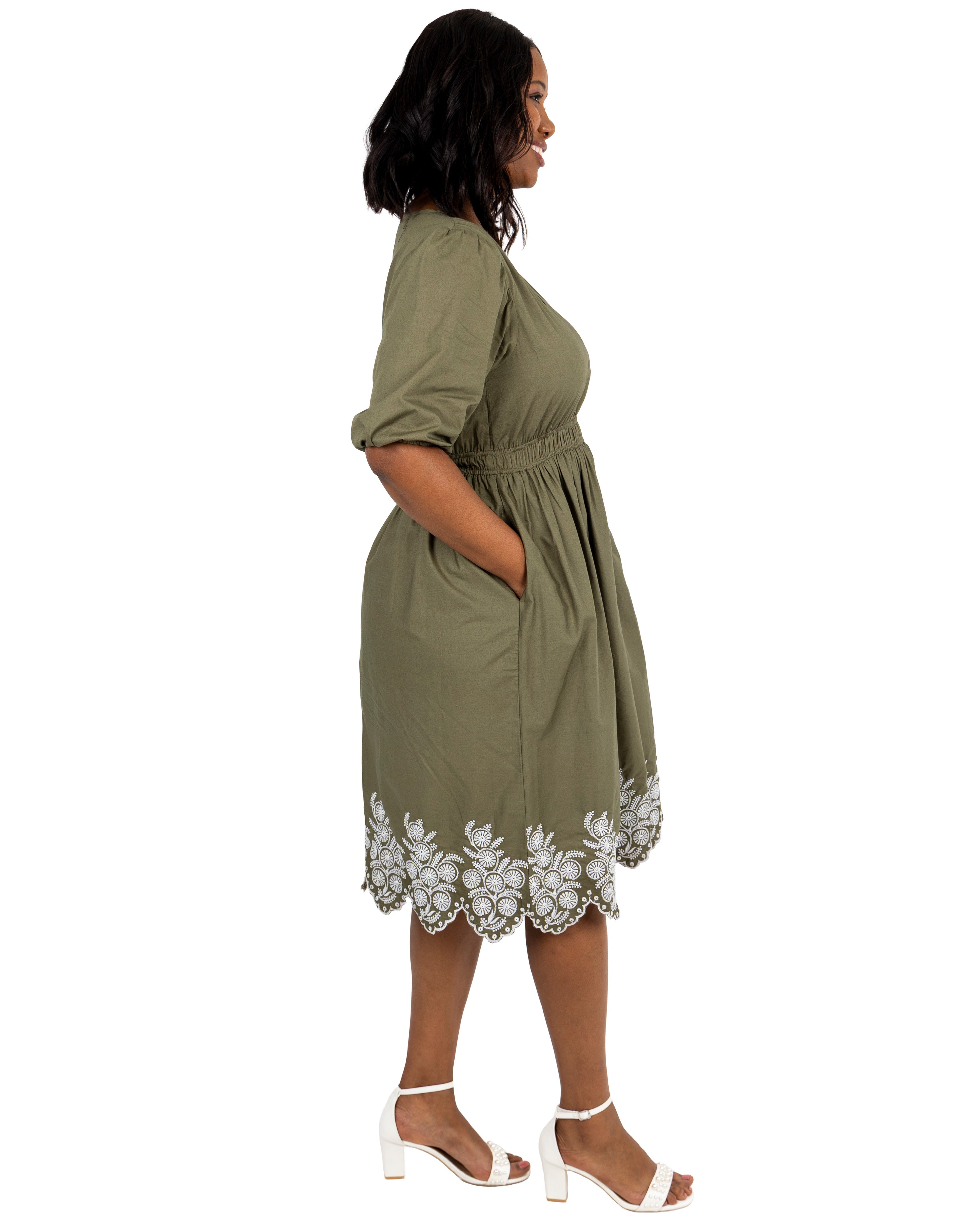 Puff Sleeve Embroidered Hem Midi Olive Dress