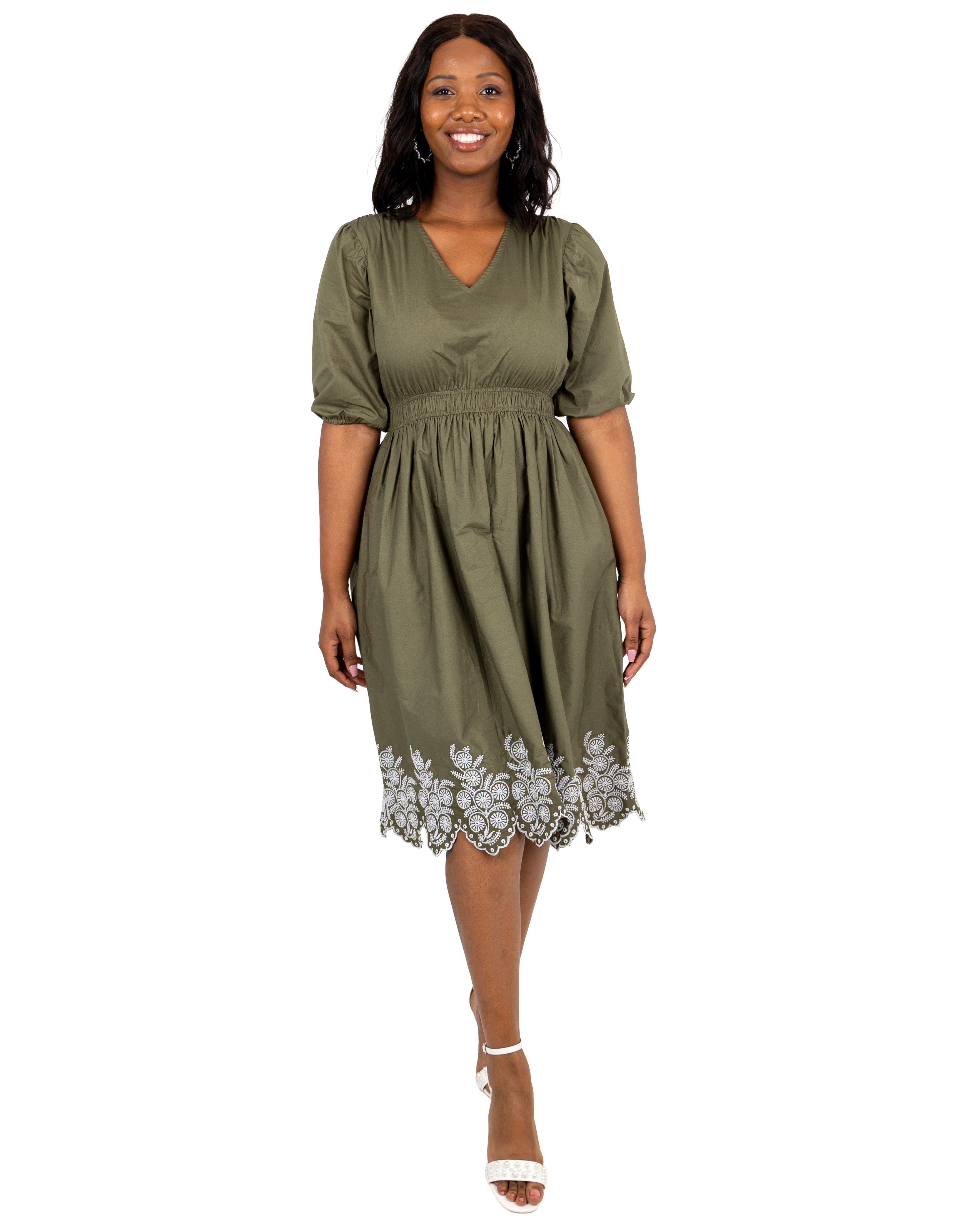 Puff Sleeve Embroidered Hem Midi Olive Dress