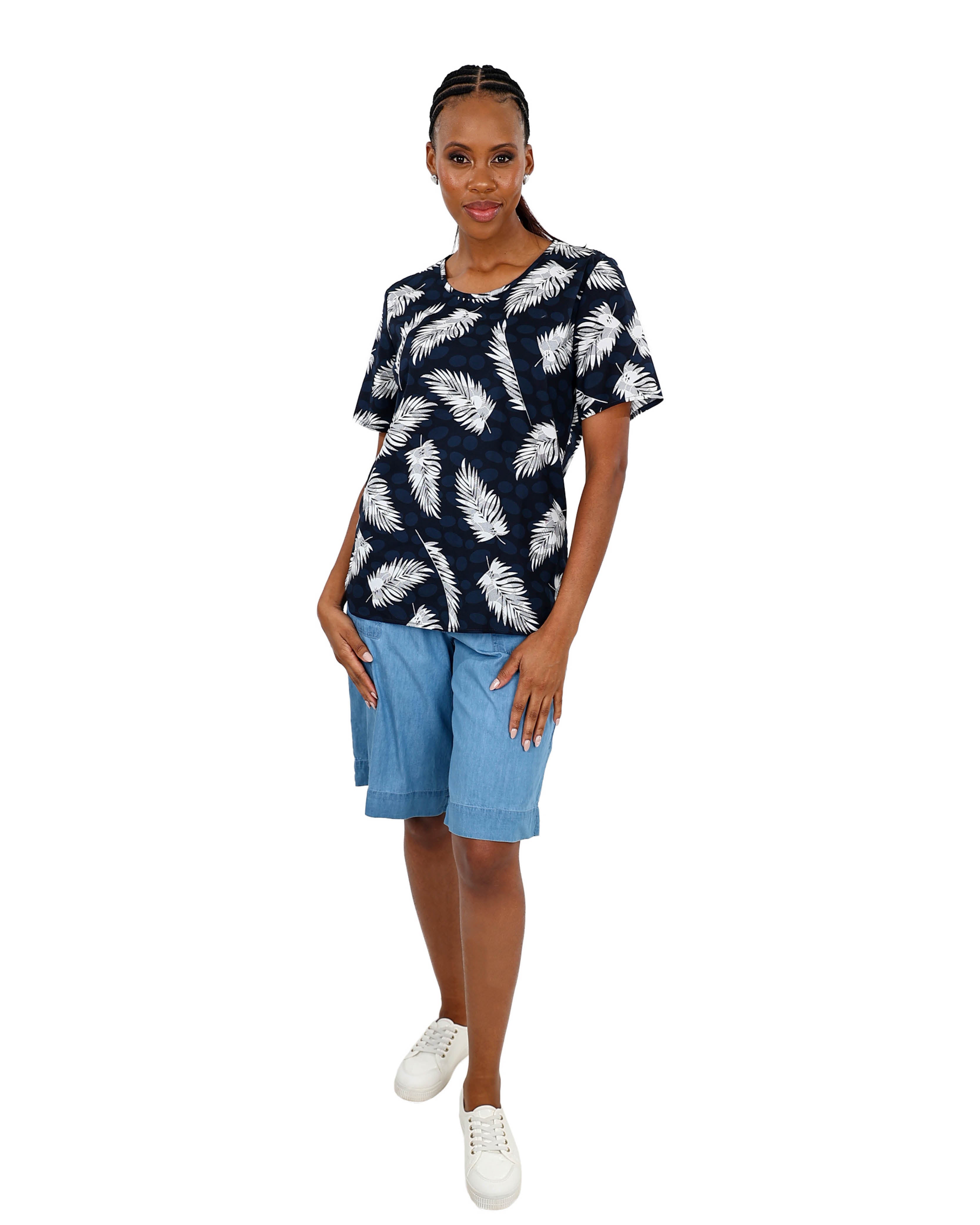Short Sleeve Navy Leaf Print Blouse