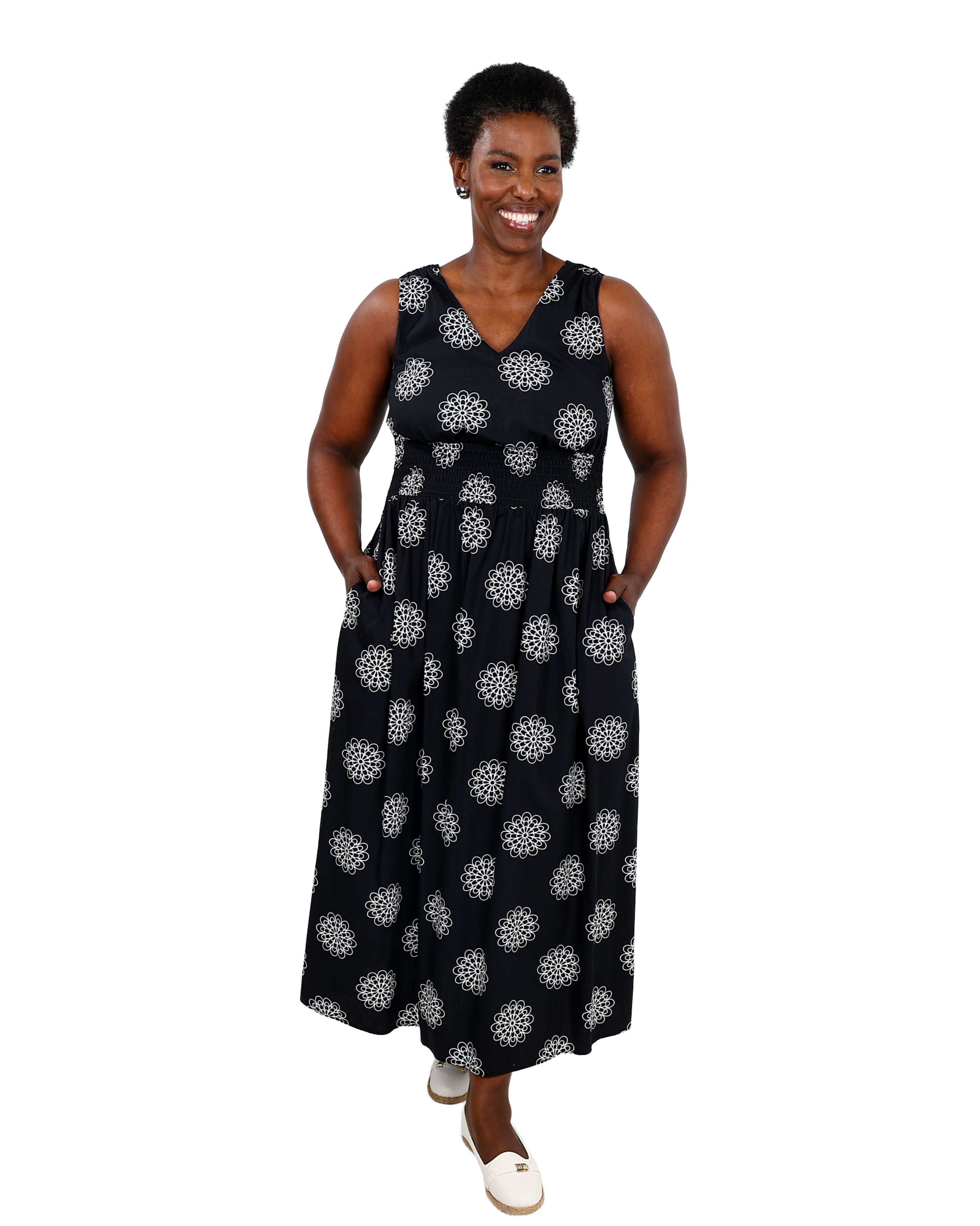 Monochrome Floral Print Smocked Maxi Dress