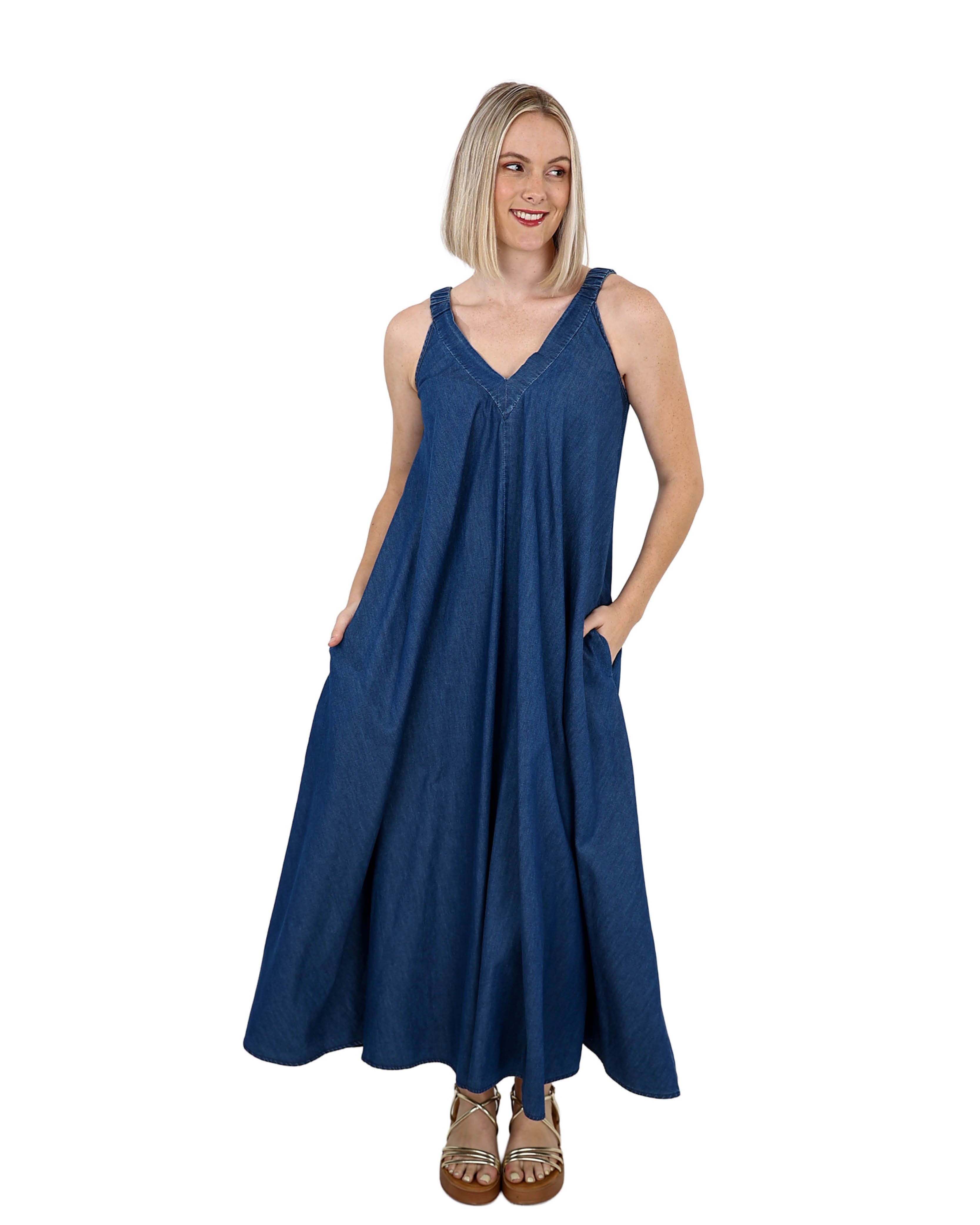 Sleeveless Medium Indigo V-Neck Flared Maxi Denim Dress