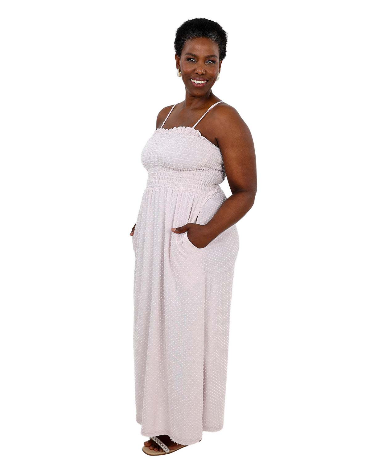 Blush Ruched Knit Strappy Maxi Dress