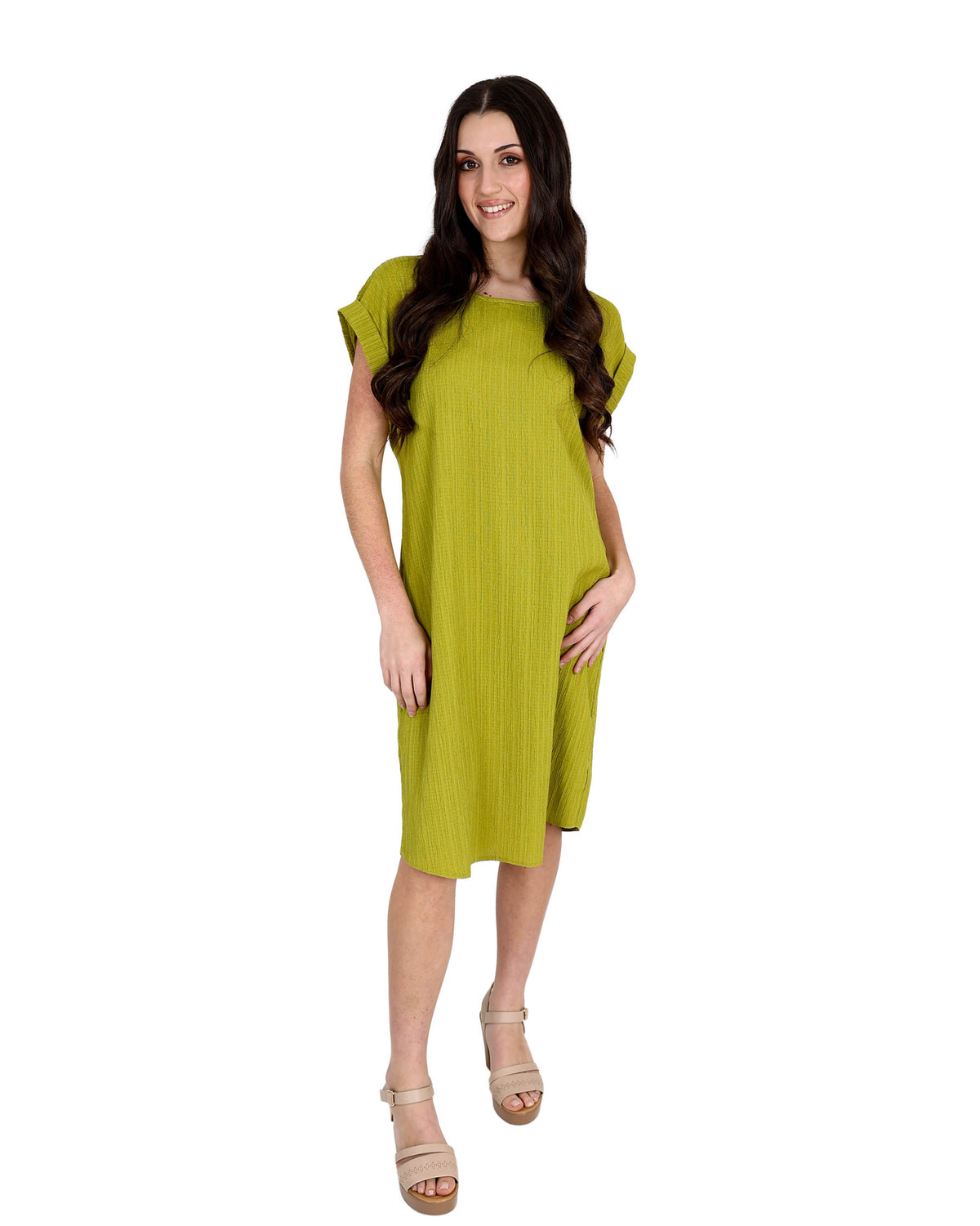 Chartreuse Short Sleeve Crinkle Shift Dress