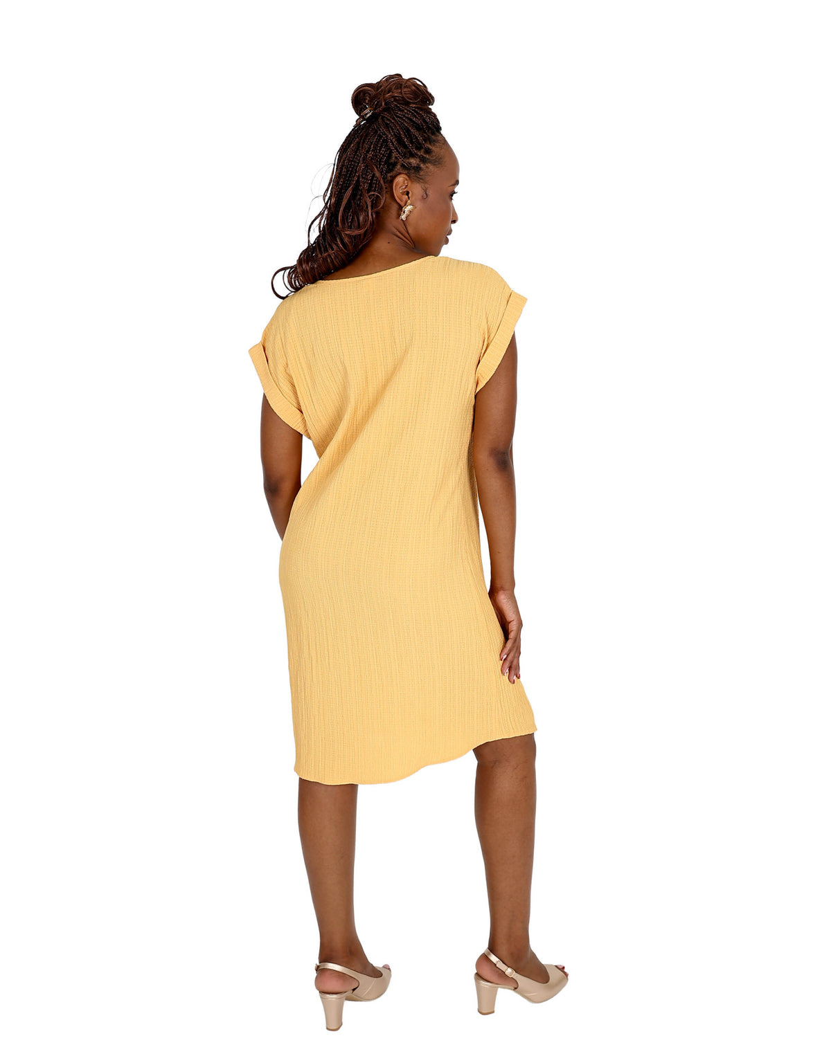 Yellow Short Sleeve Crinkle Shift Dress