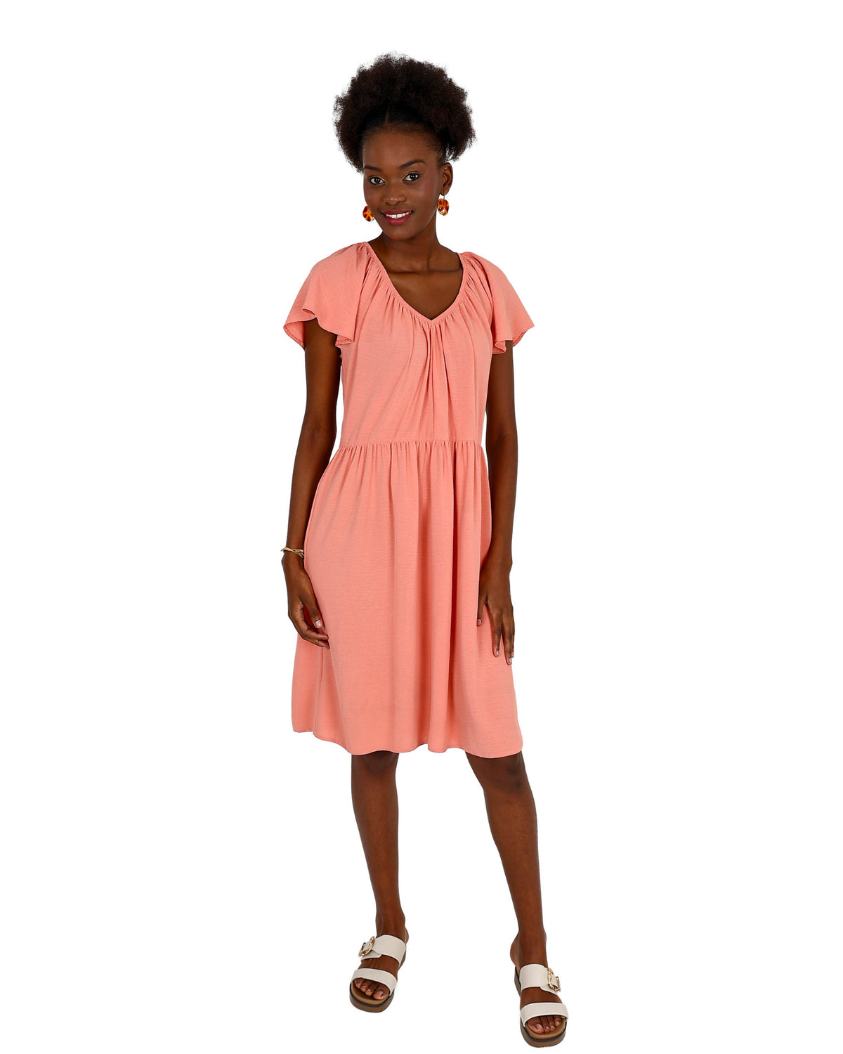Coral Flutter Sleeve Knee Length Dress